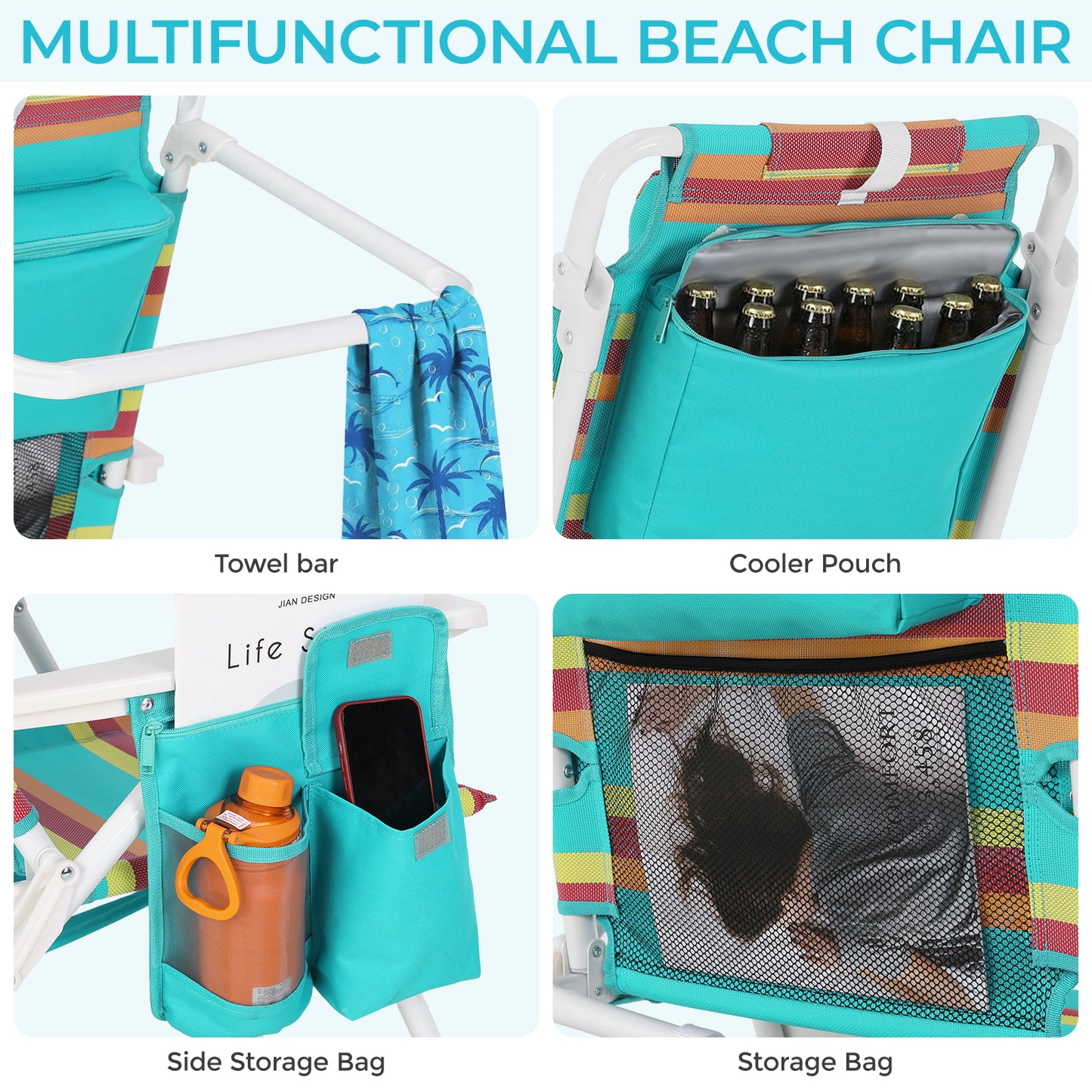 Pirecart Tall Beach Chairs for Adults, Portable Beach Chairs W/ 5-Position Lay Flat & Cooler Pouch, for Beach, Camp, Outdoor