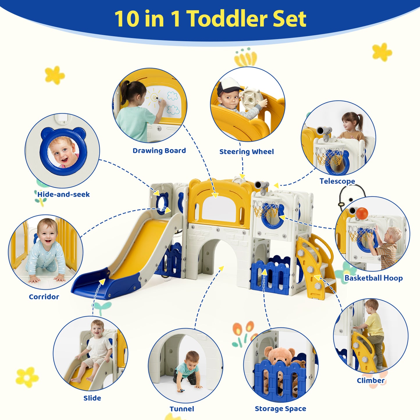 Pirecart 10-in-1 Kids Slide, Indoor Outdoor Toddler Slide Playground with Drawing Board, Basketball Hoop, Tunnel & Storage for Playroom, Kindergarten, Backyard, Gift for Children Age 3+