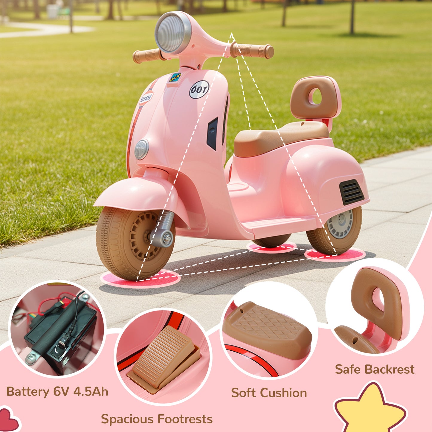 Kids Mini Motorcycle, 6V Electric Ride on Toy with Music, Realistic Horn, Light, 2 Electric Toddler Motorcycle for Kids Age 3+