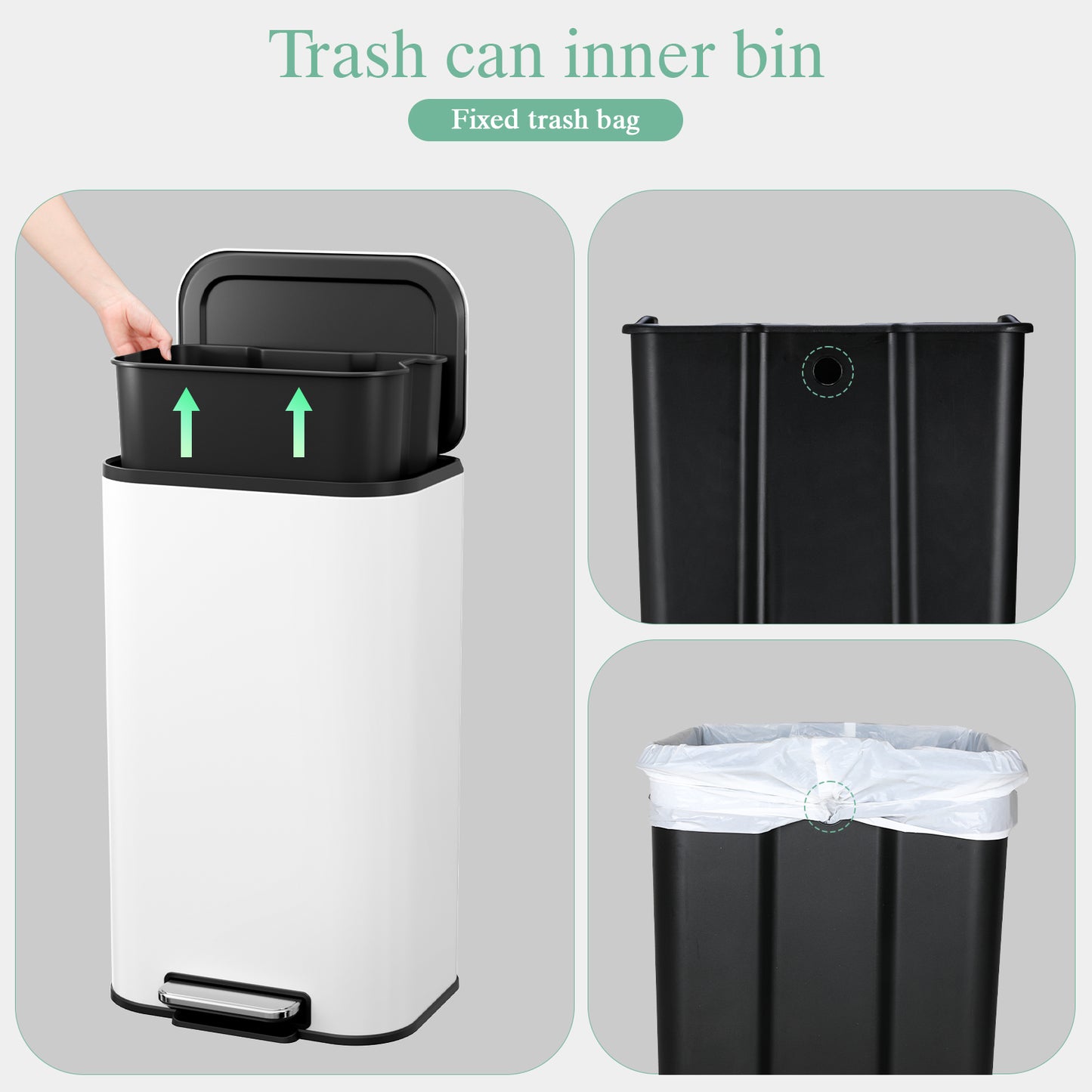 Pirecart 13.2 Gal Trash Can, Stainless Steel Garbage Can with Removable Inner Bucket & Handle, Square Garbage Bin with Soft Lid for Kitchen, Living Room