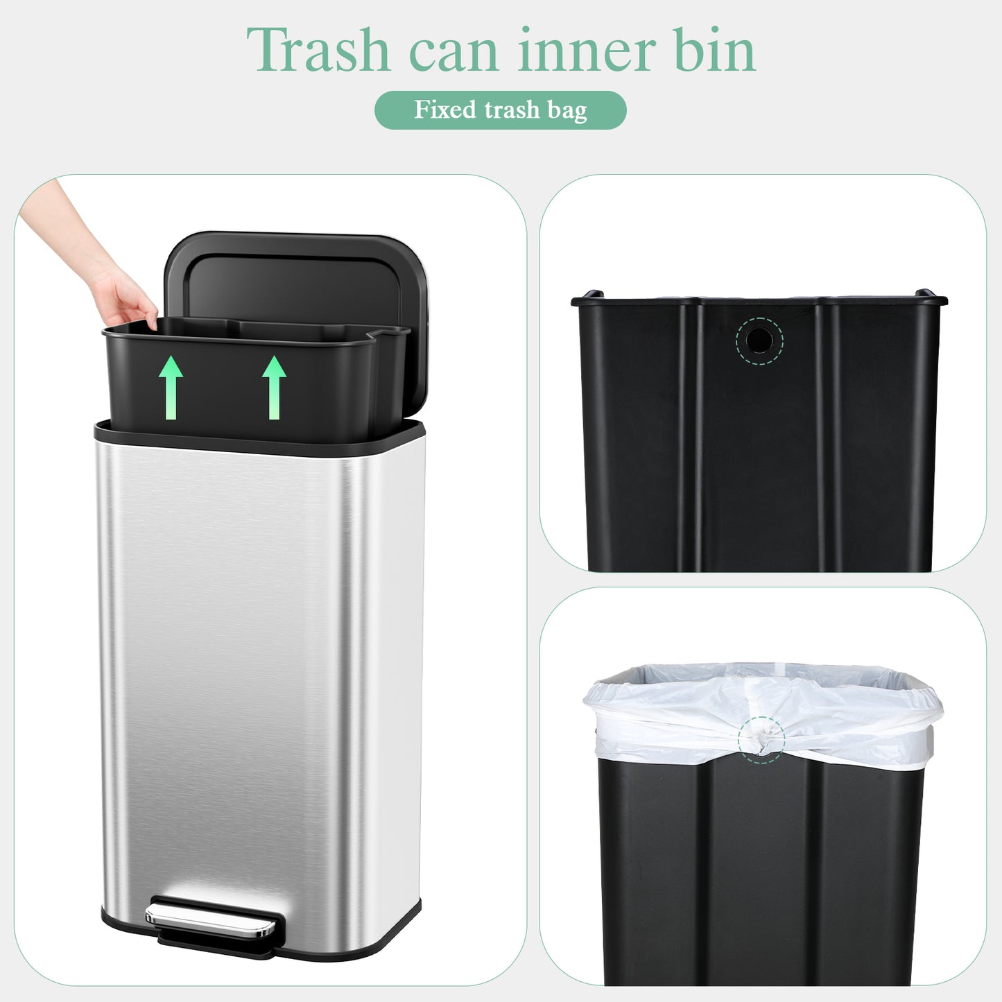 Pirecart 13.2 Gal Trash Can, Stainless Steel Garbage Can with Removable Inner Bucket & Handle, Square Garbage Bin with Soft Lid for Kitchen, Living Room