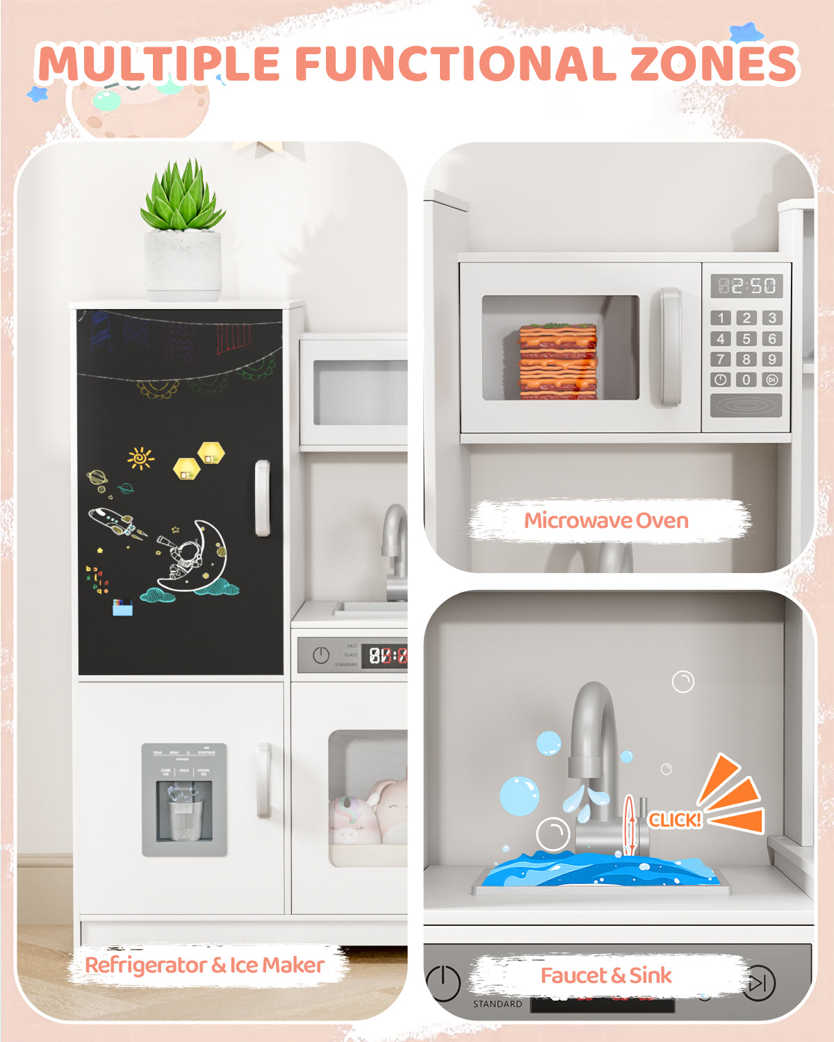 Pirecart Wooden Corner Play Kitchen, Kids Play Kitchen with Blackboard and 6Pcs Cooking Accessories, Toddler Play Kitchen Set with Realistic Sound & Light