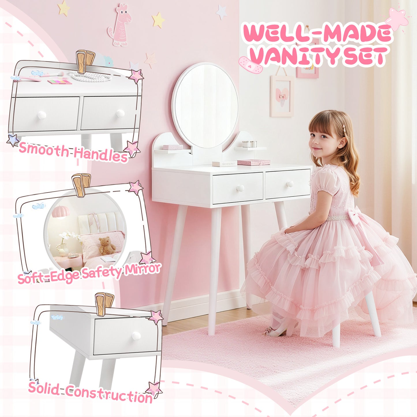 Pirecart Kids Vanity Table and Chair Set, 2 in 1 Wooden Makeup Table and Stool with Storage Drawer & Shelves & Detachable Top, Girls Vanit for Age 3+