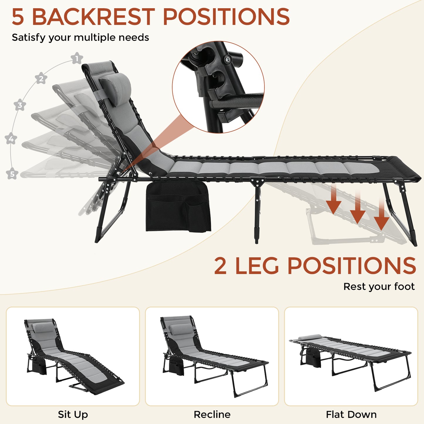Pirecart 5-Position Adjustable Lounge Chair, Padded Folding Tanning Bed Chaise Lounge Chair, with Pillow, Side Pocket, Carrying Handle