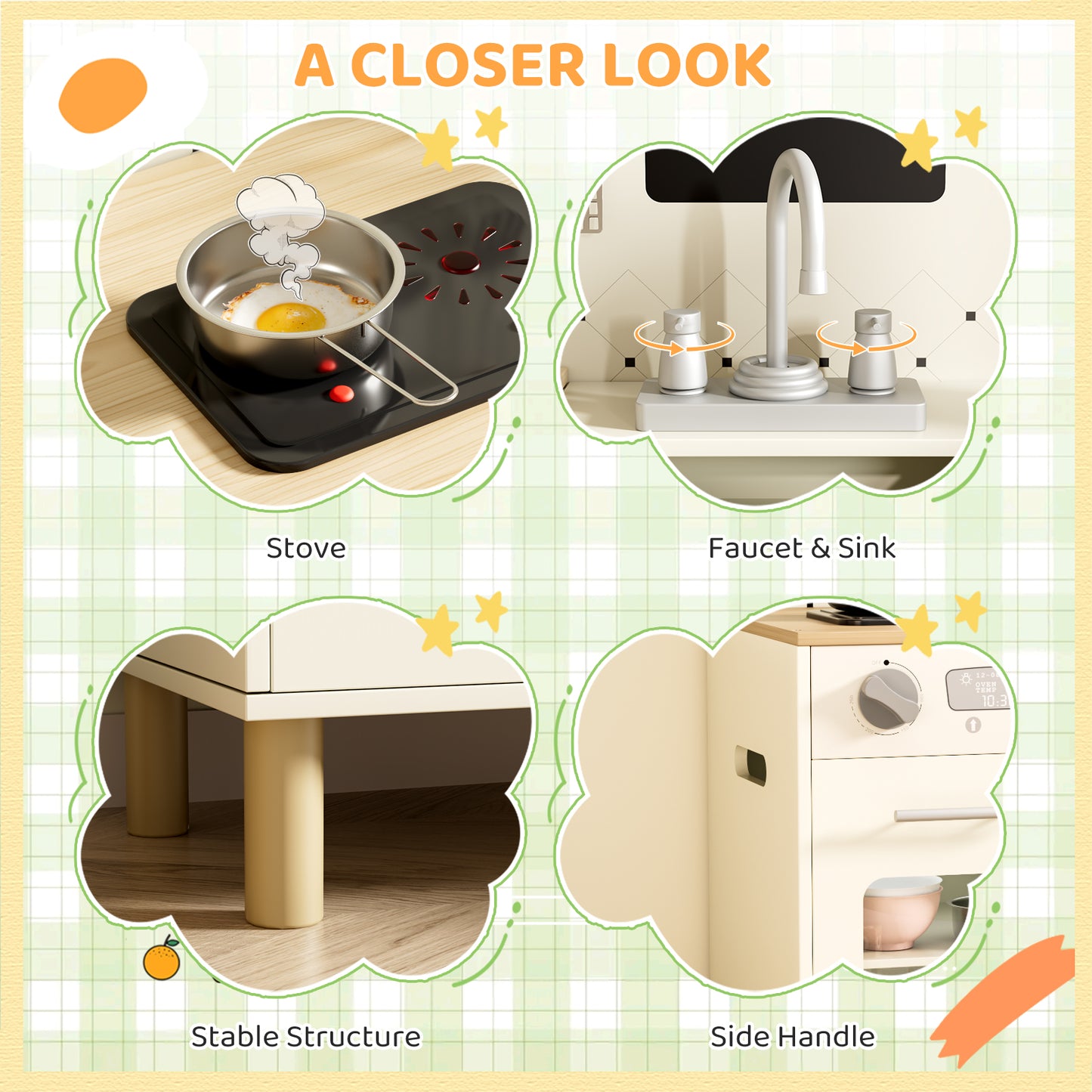 Pirecart Kids Play Kitchen Set, Wooden Kitchen Playset with Real Lights & Sounds, Toddler Pretend Play Kitchen Set with Knob Sounds, Sink, Water Dispenser, 6 Pcs Cookware & Chalkboard Panel