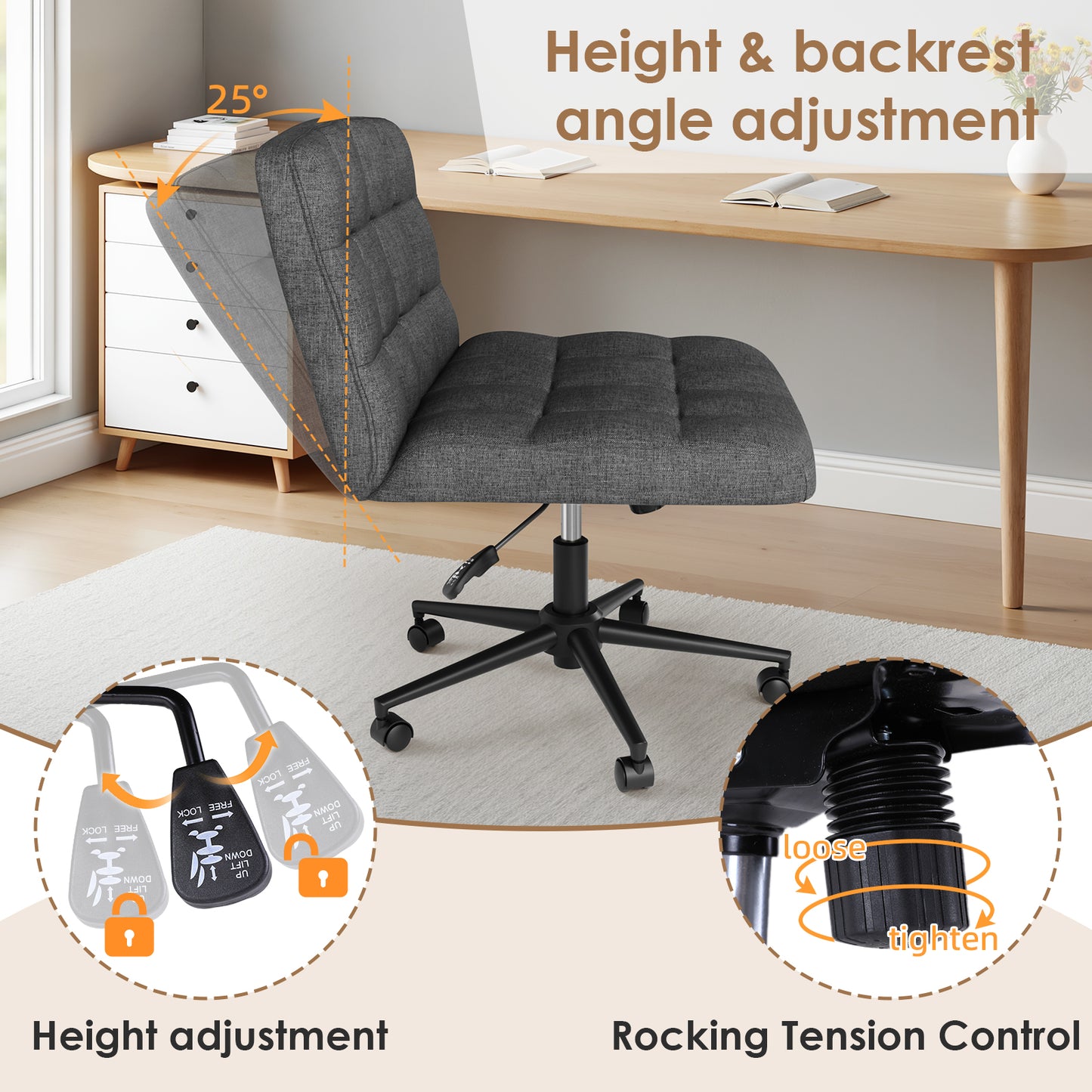 Pirecart Criss Cross Legged Chair, Comfy Swivel Armless Chair with Wheels and Wide Cushion, Height Adjustable Vanity Chair for Bedroom, Office, Desk, Linen