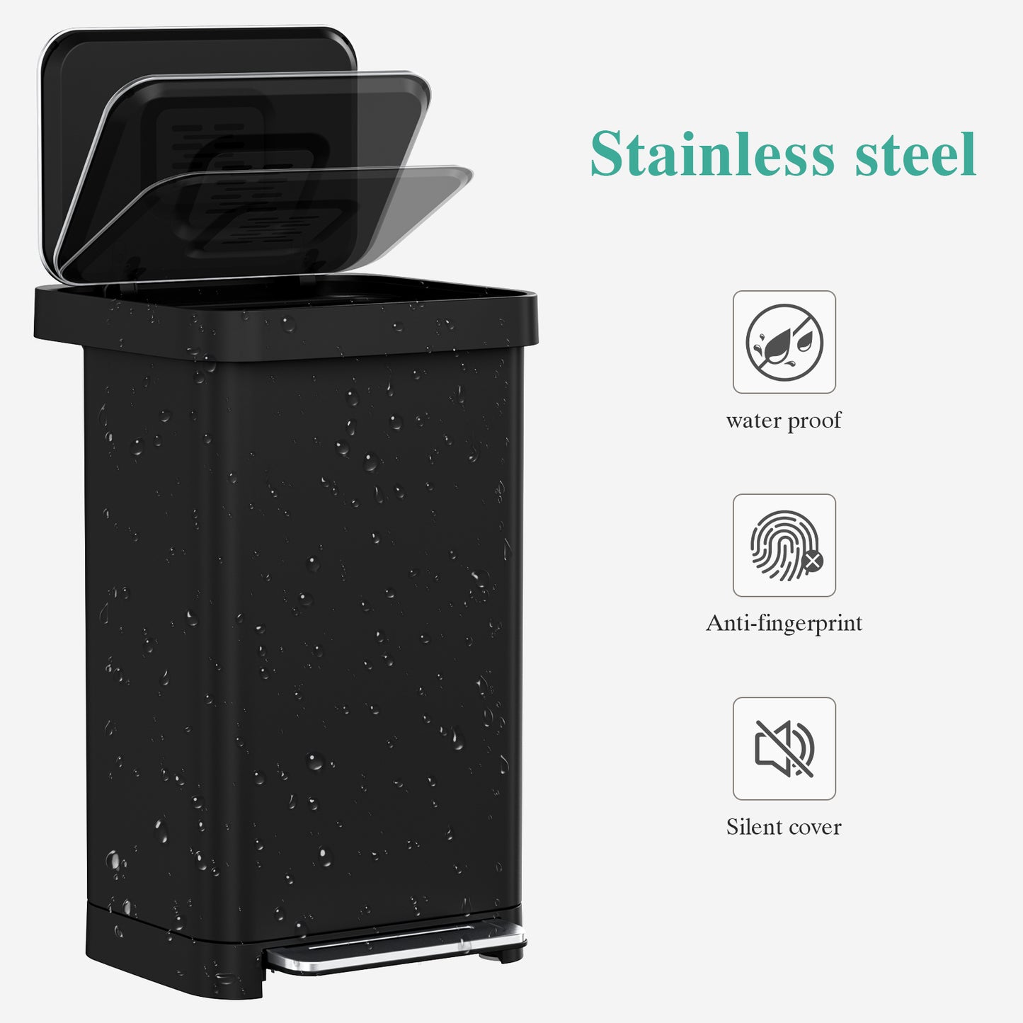 Pirecart 13.2 Gal Stainless Steel Trash Can, Soft-Close Lid Grabage Can with 15 Inner Bags, Rear Trash Bag Storage Compartment, Large Capacity Step Trash Can With Built-In Deodorizer Box