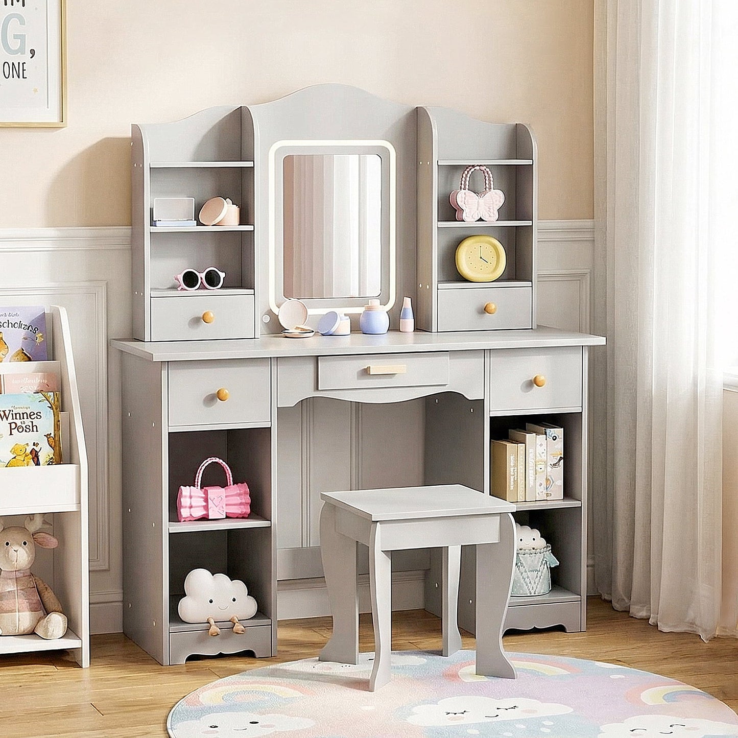 Pirecart Kids Vanity with 3 Color Lights, Girls Vanity Set with Mirror, Storage Drawer, Pretend Play Makeup Desk, with Detachable shelf