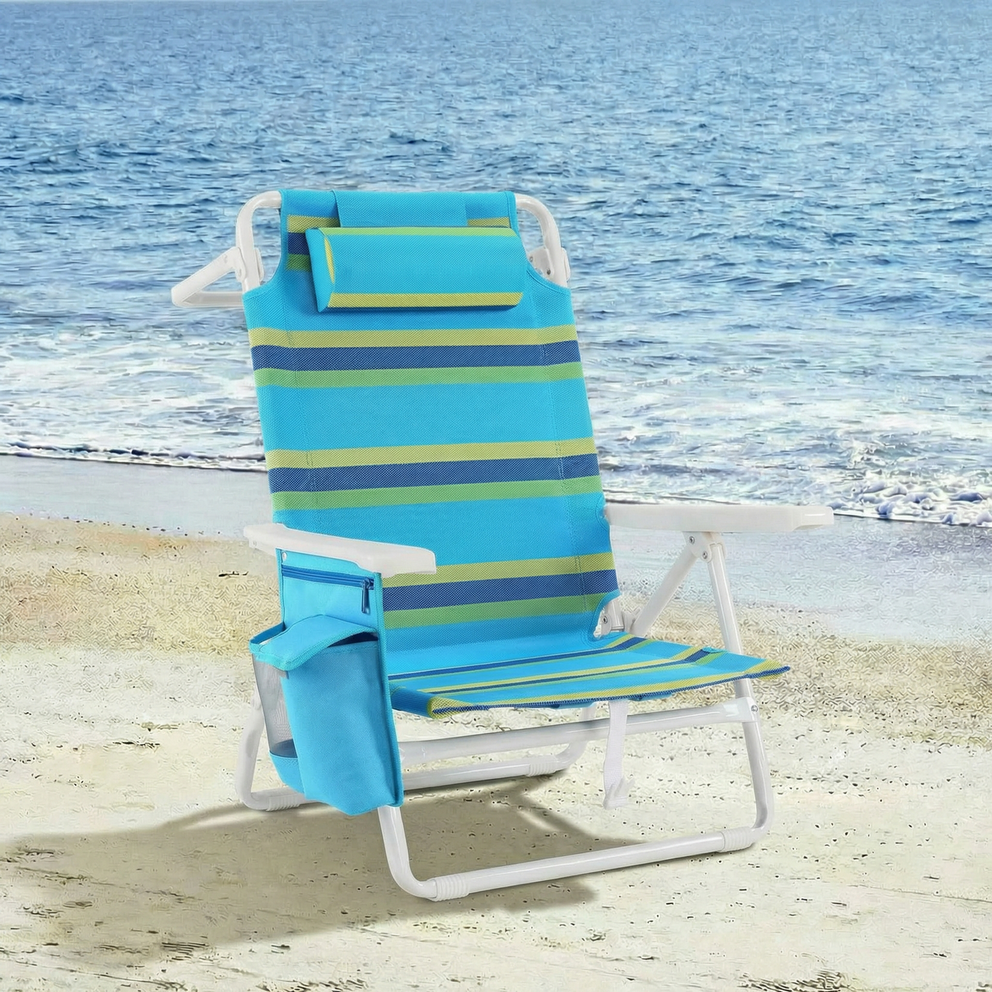 Foldable Beach Chair, 5-Position Lay Flat Reclining Beach Chair W/ Headrest, Storage Bag, Cooler Pouch,Towel Bar, Foot Mat