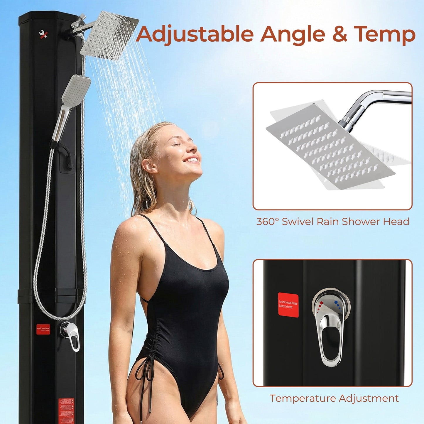 Pirecart Solar Heated Shower with Handheld Head, Outdoor PVC Freestanding Shower W/360 Rotating Rainfall, Temperature Adjustment & Foot Faucet, for Poolside