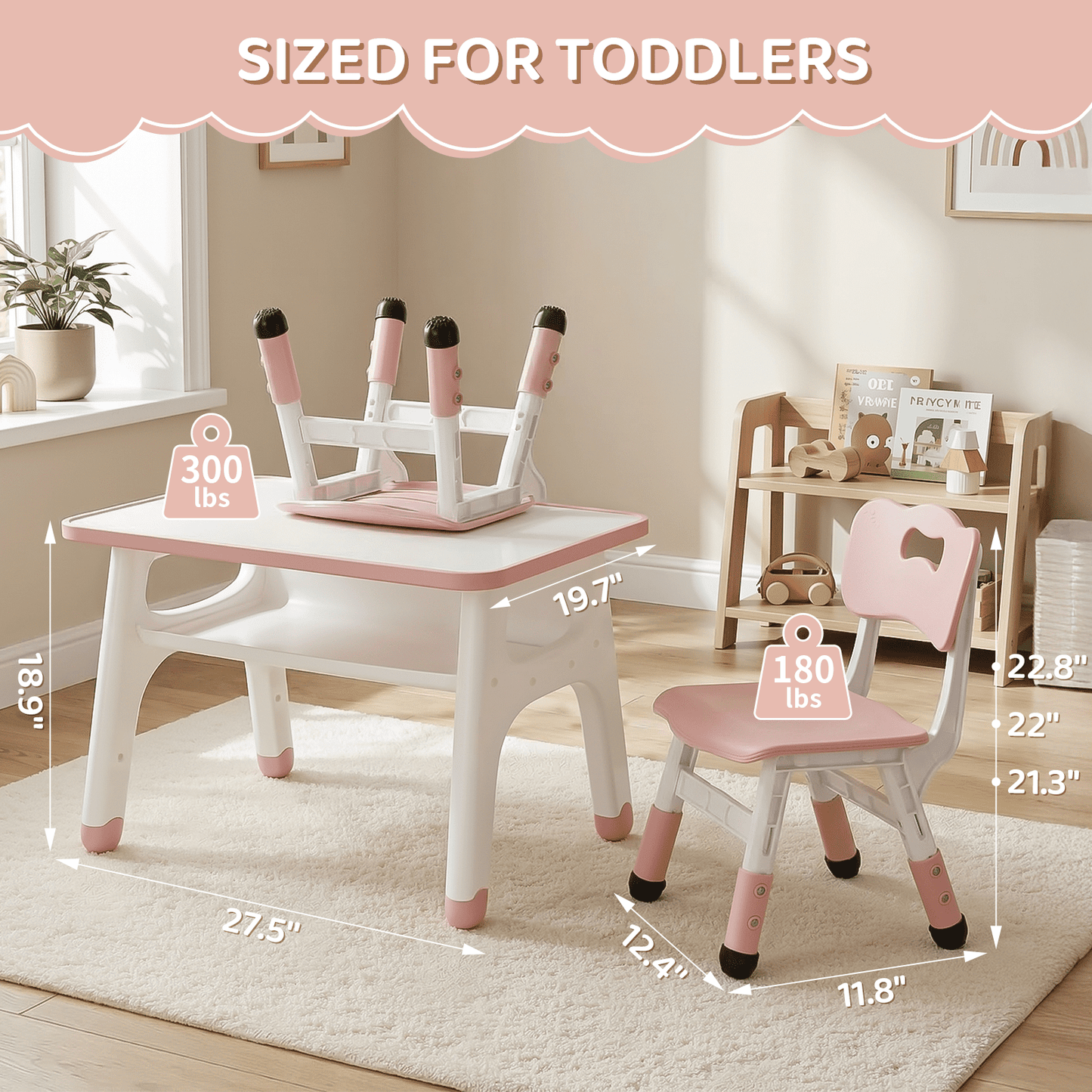 Pirecart Kids Table and 2 Chairs Set, Toddler Activity Table with Graffiti Desktop & Adjustable Height Toddler Chair, Children Activity Table with Large Built-in Storage