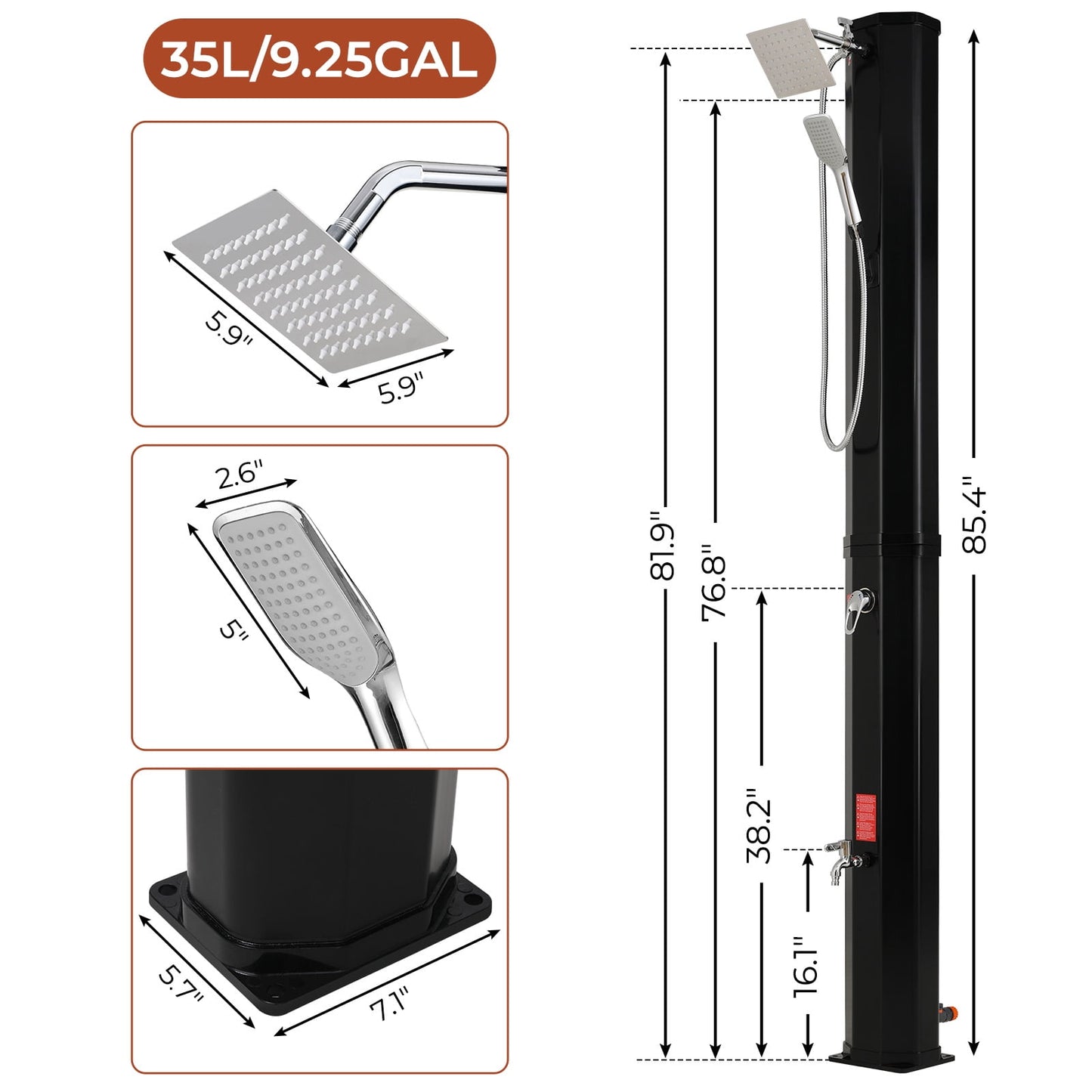 Pirecart Solar Heated Shower with Handheld Head, Outdoor PVC Freestanding Shower W/360 Rotating Rainfall, Temperature Adjustment & Foot Faucet, for Poolside