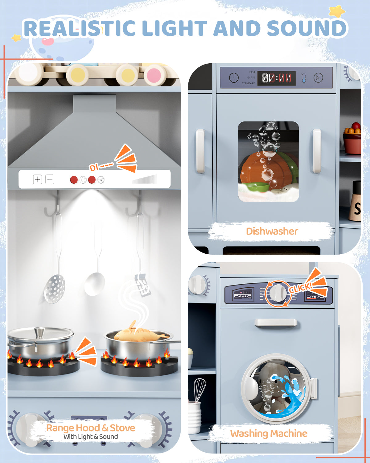 Pirecart Wooden Corner Play Kitchen, Kids Play Kitchen with Blackboard and 6Pcs Cooking Accessories, Toddler Play Kitchen Set with Realistic Sound & Light