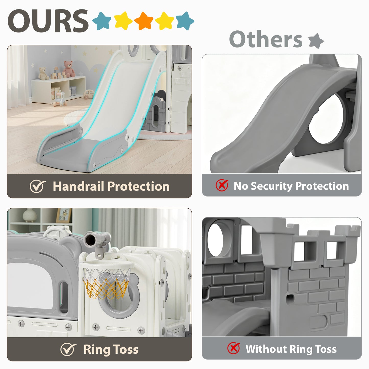 Pirecart 10-in-1 Kids Slide, Indoor Outdoor Toddler Slide Playground with Drawing Board, Basketball Hoop, Tunnel & Storage for Playroom, Kindergarten, Backyard, Gift for Children Age 3+