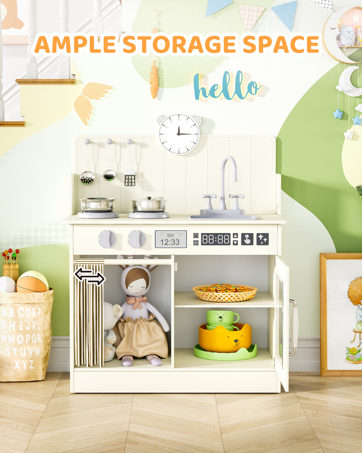 Pirecart Kids Play Kitchen with Ample Storage and Cooking Accessories, Toddler Kitchen Playset with Simulated Gas Tray, Clicking Knobs, Sink, Faucet