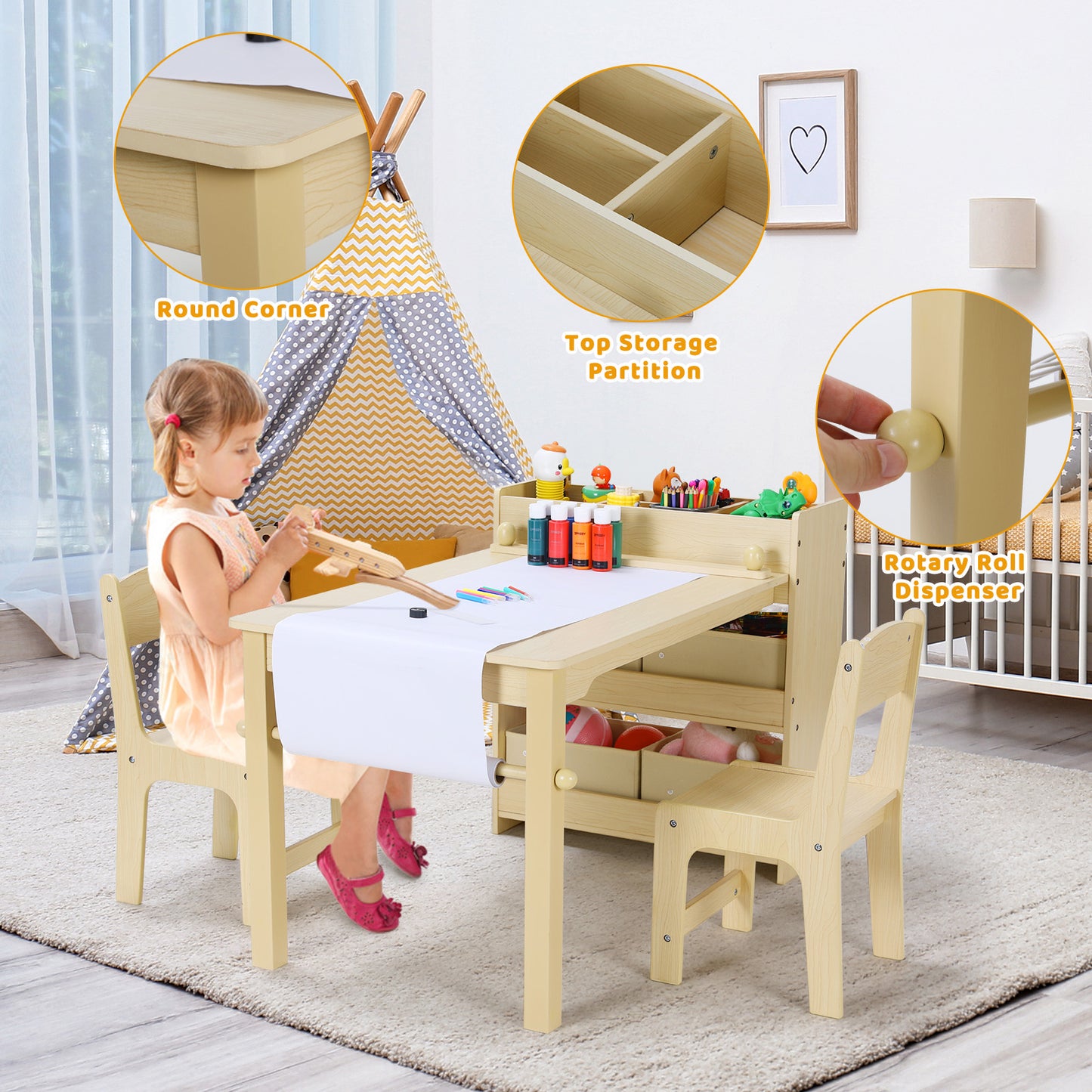 pirecart Kids Art Table and 2 Chairs, Wooden Drawing Desk with 4 Storage Bins