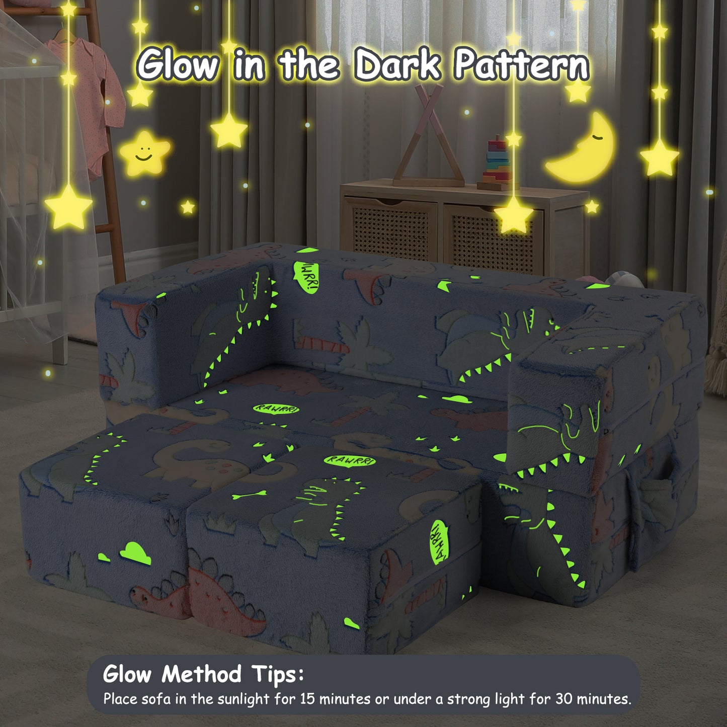 pirecart Kids Sofa Couch, Modular Toddler Couch with Glowing Dinosaur, 2 Ottomans and 1 Side Pocket