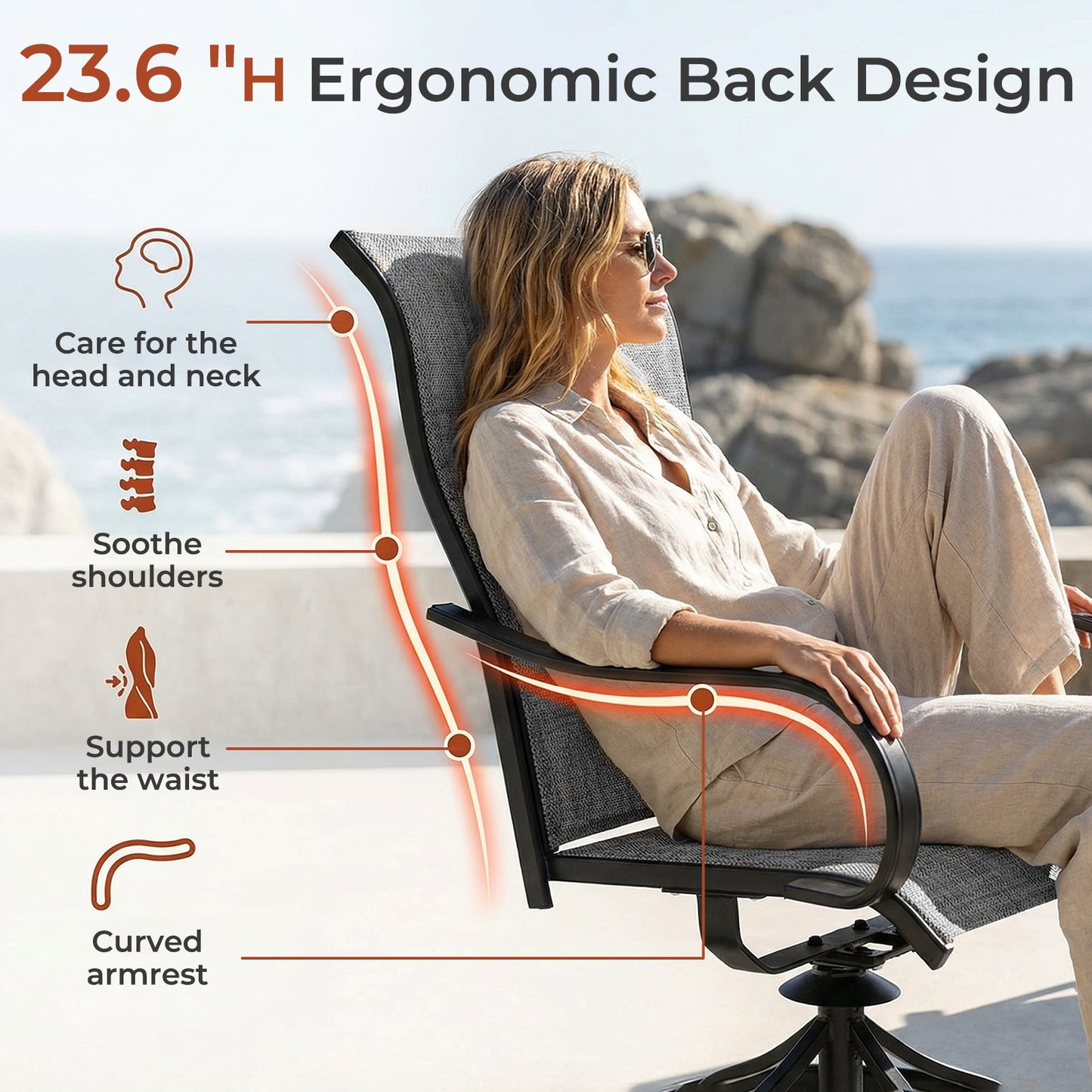 Pirecart Padded Patio Swivel Chairs Set of 2, Outdoor 360° Dining Chairs W/ Metal Rocking Frame & Armrest, High Back Textilene Patio Dining Chairs