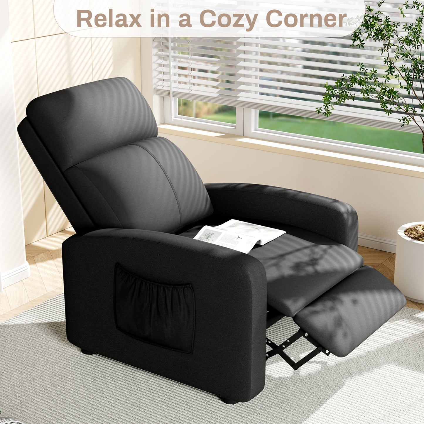 Pirecart Fabric Reclining Chair, Single Sofa Chair with Thicker Seat Cushion and a Side Pocket, Home Theater Seating with Adjustable Backrest and Footrest