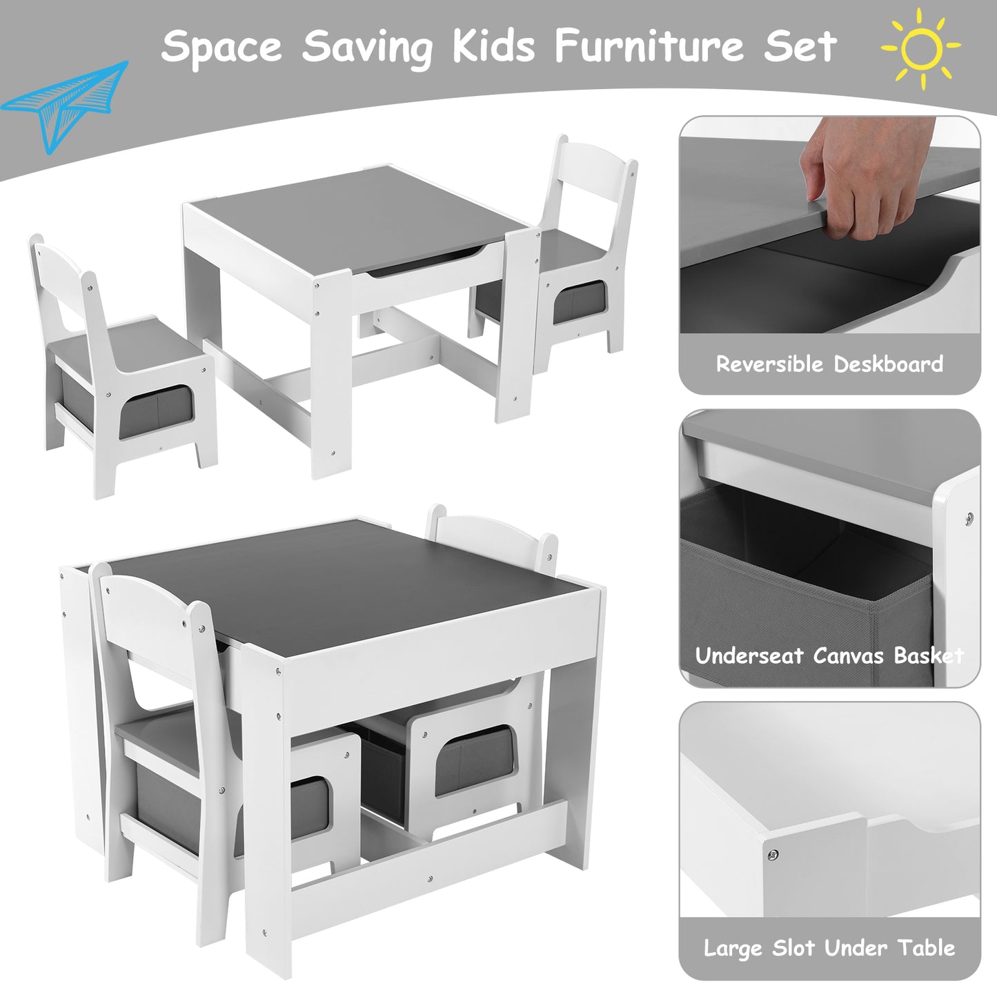 pirecart 3pcs Kids Table Chairs Set With Storage Boxes and Blackboard