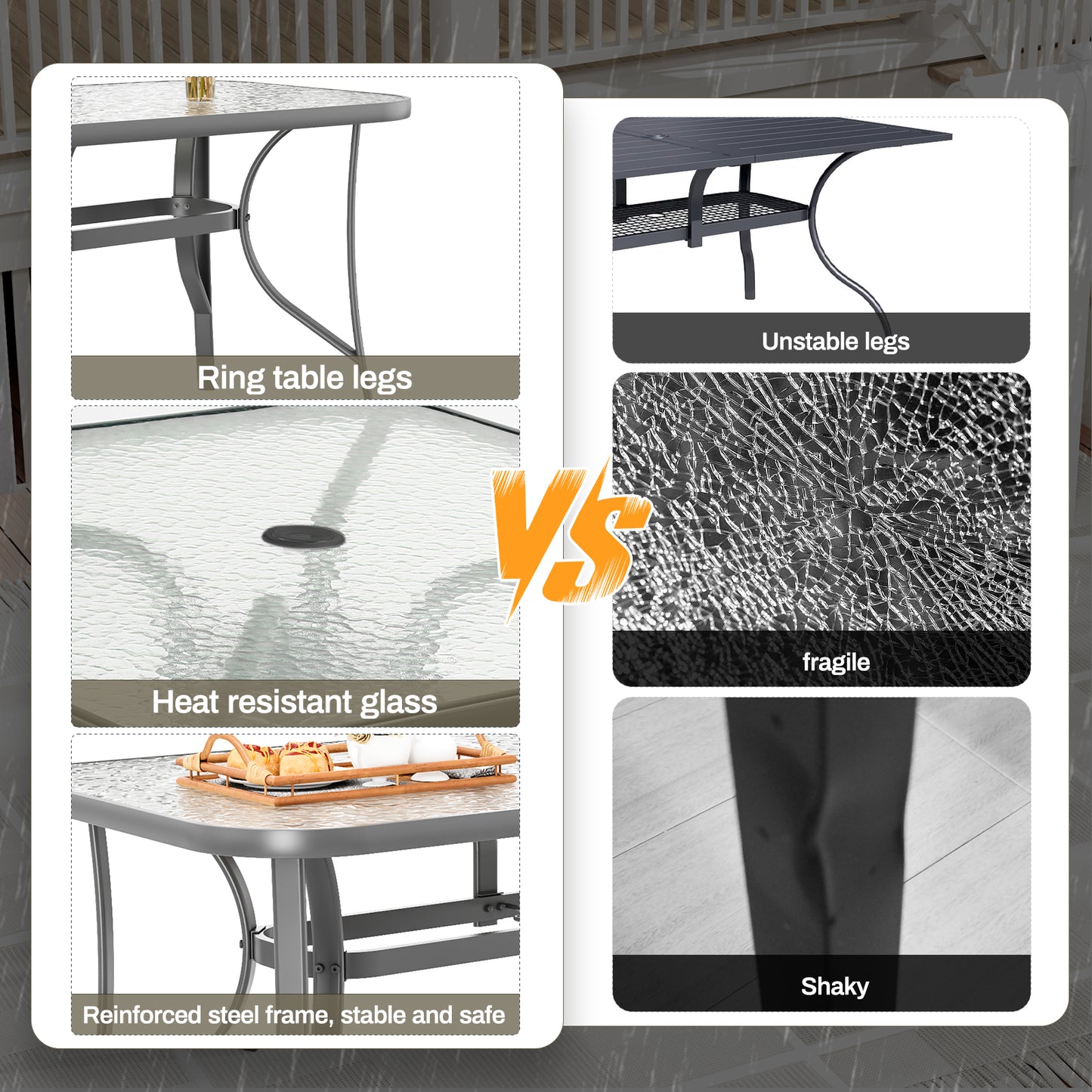 Piecart Outdoor Dining Table with Umbrella Hole, Rectangular Glass Patio Table, Patio Table for Outside, Garden, Balcony