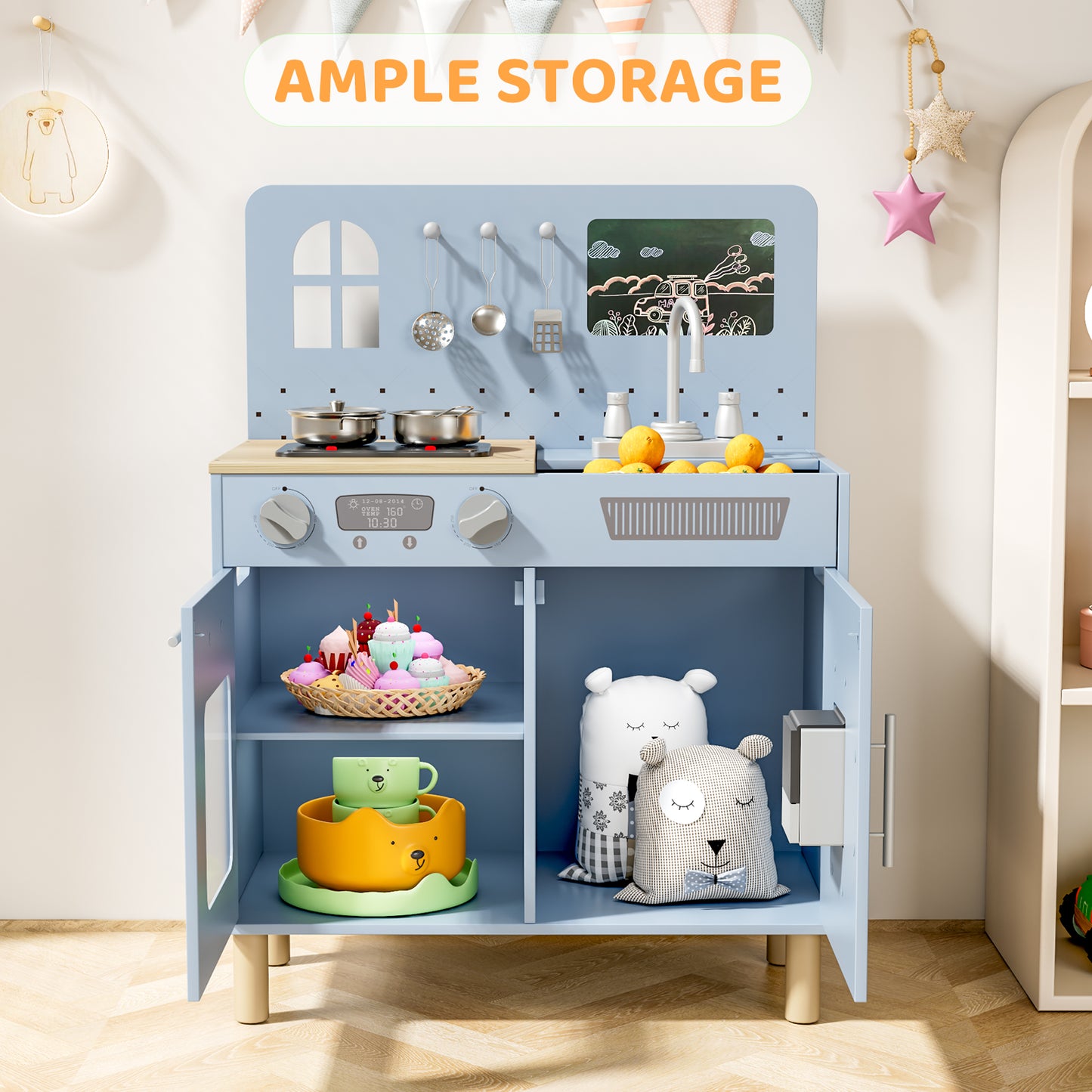 Pirecart Kids Play Kitchen Set, Wooden Kitchen Playset with Real Lights & Sounds, Toddler Pretend Play Kitchen Set with Knob Sounds, Sink, Water Dispenser, 6 Pcs Cookware & Chalkboard Panel