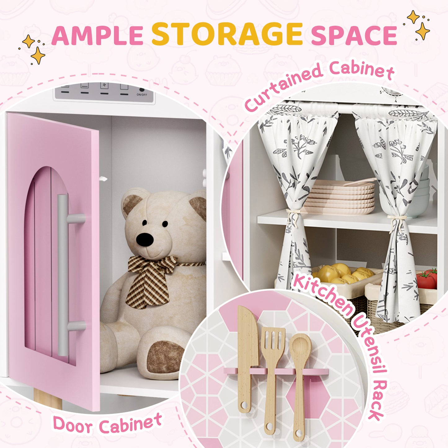 Pirecart Kids Play Kitchen, Toddler Wooden Kitchen Playset with Cooking Accessories and Clicking Knobs, Educational Chef Pretend Play Set for Ages 3+