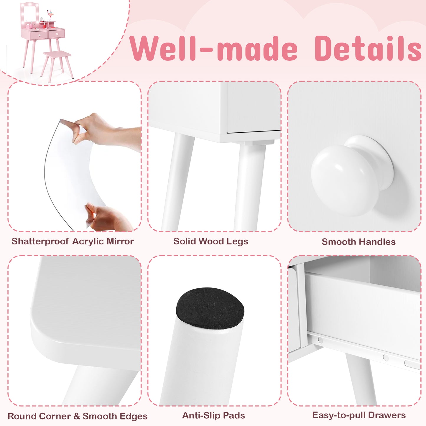 Pirecart Kids Vanity Table and Chair Set, Kids Wood Makeup Dressing Table with 7 Lights, Mirror, 2 Drawers