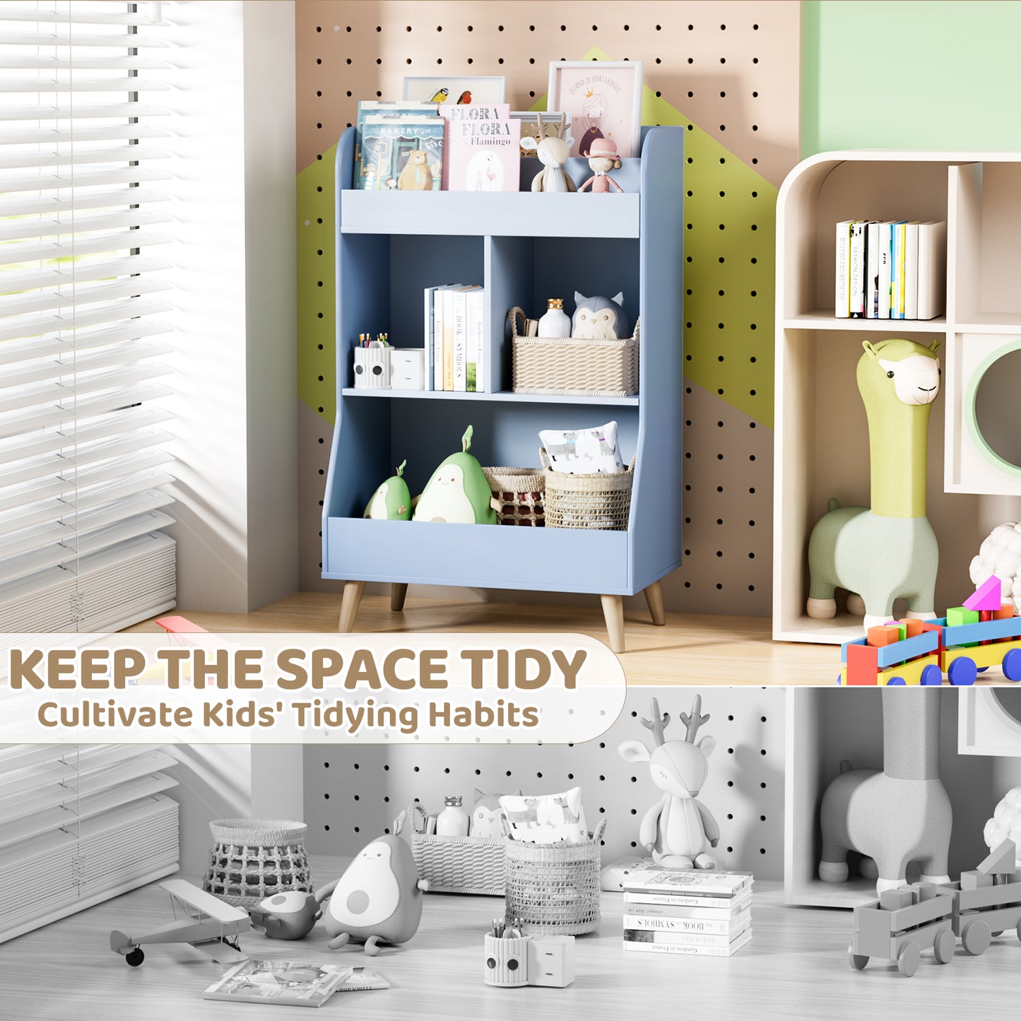 Pirecart Kids Bookshelf Kid's Cubby Toy Storage Cabinet with Legs for Bedroom, Living Room, Playroom, Nursery