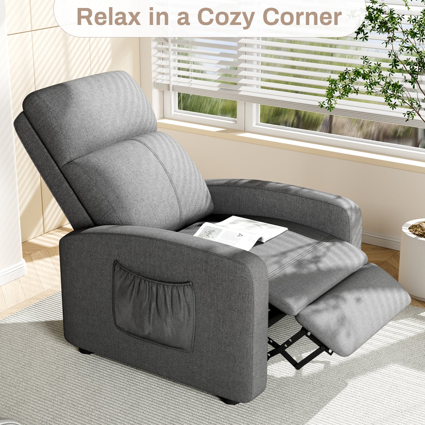 Pirecart Fabric Reclining Chair, Single Sofa Chair with Thicker Seat Cushion and a Side Pocket, Home Theater Seating with Adjustable Backrest and Footrest