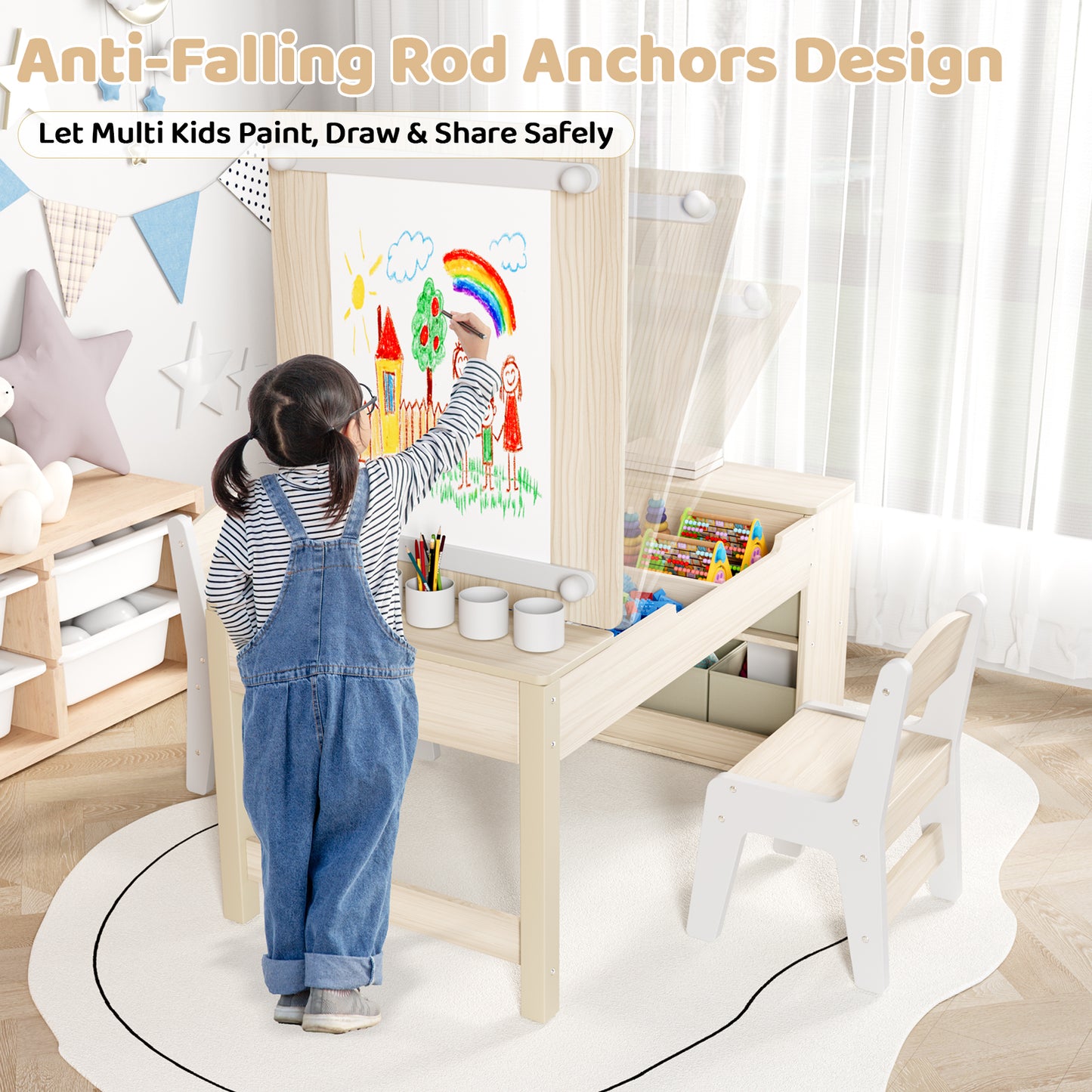 Pirecart 3 in 1 Kids Art Table and Chair Set, Chilldren Art Easel and Wooden Activity Table with 2 Chairs, Storage Bins, Paper Roll, Paint Cups for Draw, Play, Crafts, Read