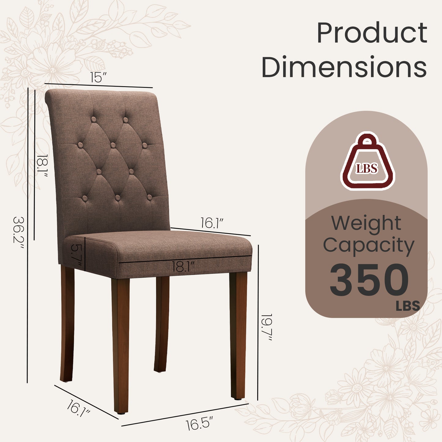 Pirecart 2 PCS Dining Chairs, Kitchen Chairs with Solid Wood Legs, Button-Tufted Parsons Design Upholstered Fabric Chairs