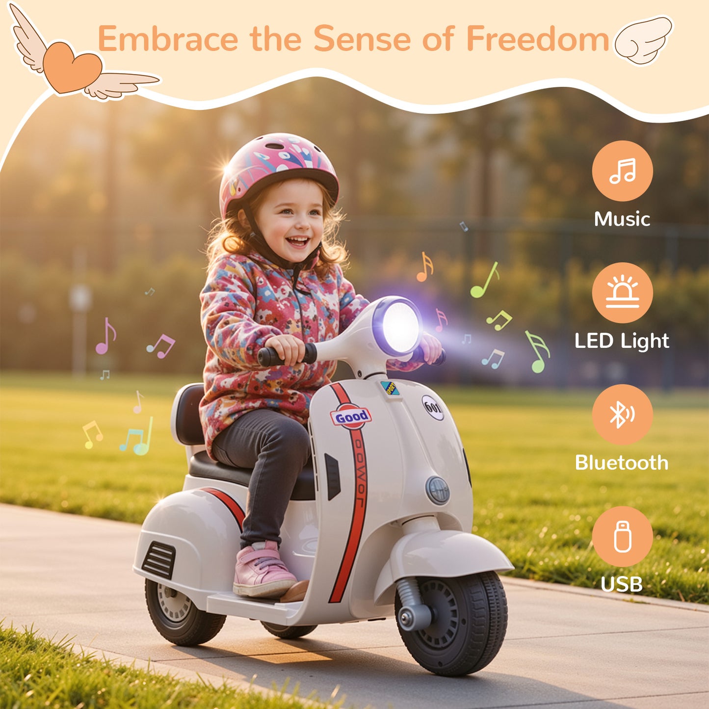 Kids Mini Motorcycle, 6V Electric Ride on Toy with Music, Realistic Horn, Light, 2 Electric Toddler Motorcycle for Kids Age 3+