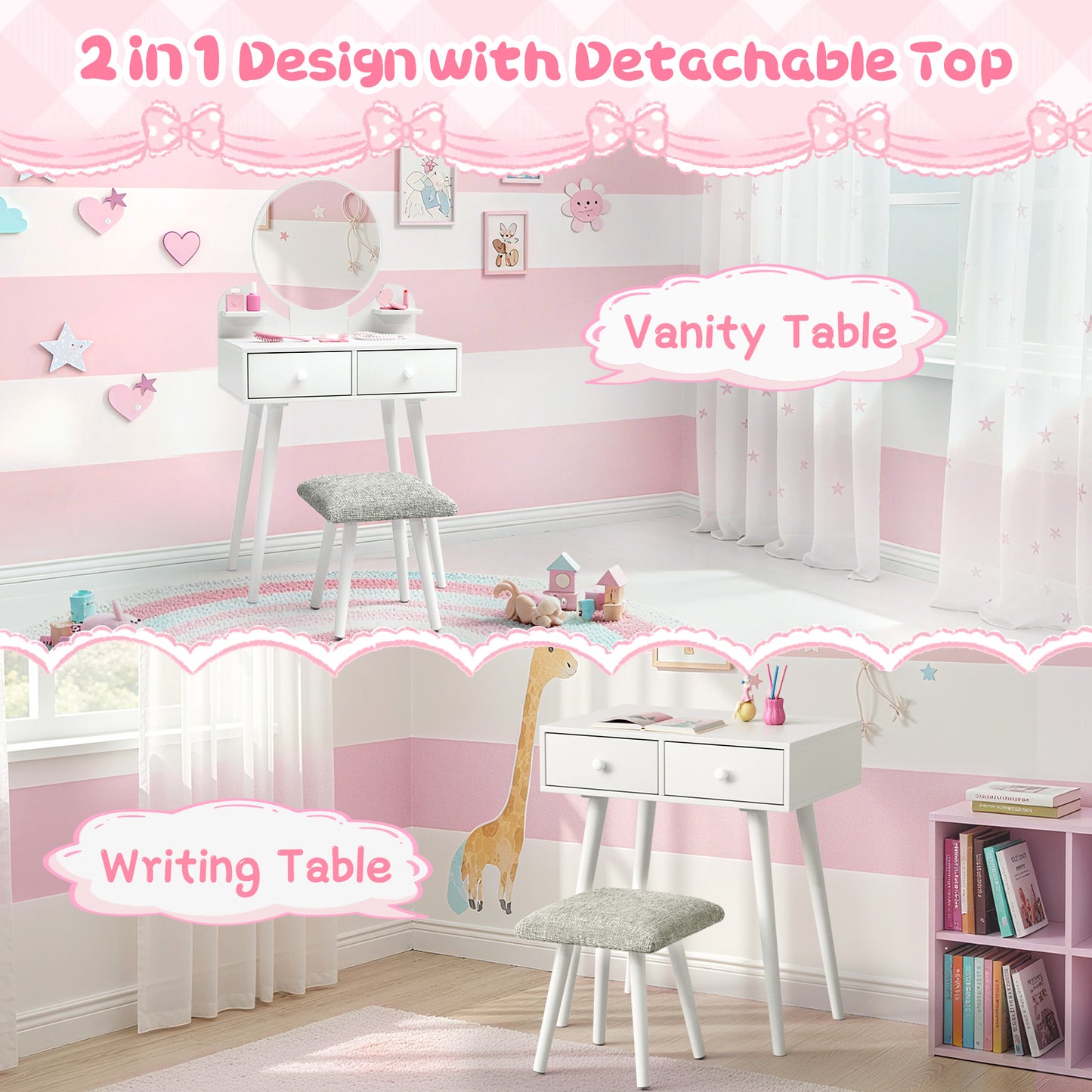 Pirecart Kids Vanity Table and Chair Set, 2 in 1 Wooden Makeup Table and Stool with Storage Drawer & Shelves & Detachable Top, Girls Vanit for Age 3+