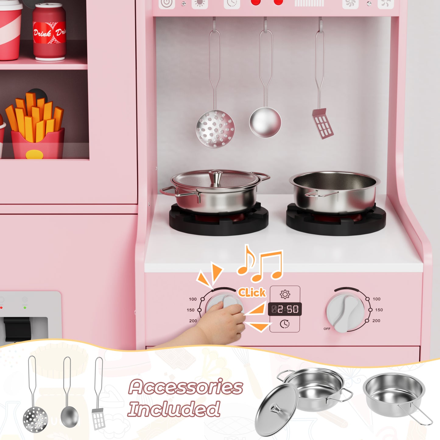 Pirecart Toddler Pretend Paly Kitchen, Wooden Kitchen Play Set with Real Sound and Light, 6-Piece Kitchenware, Sink & Stove, Water Dispenser & Hood, Kids Play Kitchen for Age 3+