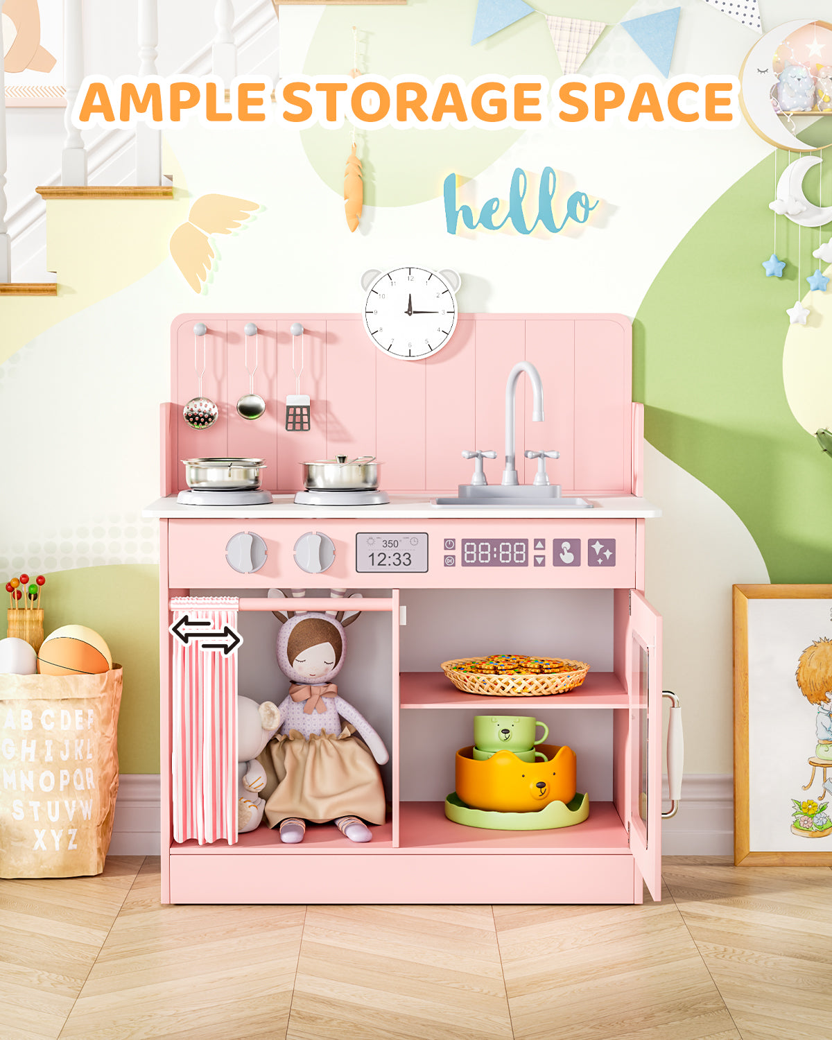 Pirecart Kids Play Kitchen with Ample Storage and Cooking Accessories, Toddler Kitchen Playset with Simulated Gas Tray, Clicking Knobs, Sink, Faucet