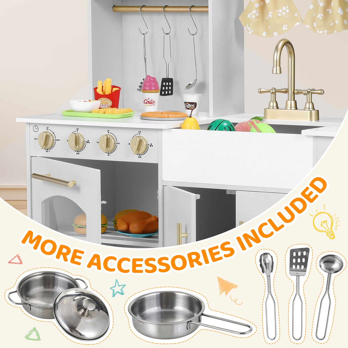 pirecart Kids Play Kitchen, Wooden Pretend Toy Kitchen, Toodler Cooking Playset w/Stove, Sink, Microwave, Water Dispenser, Curtain