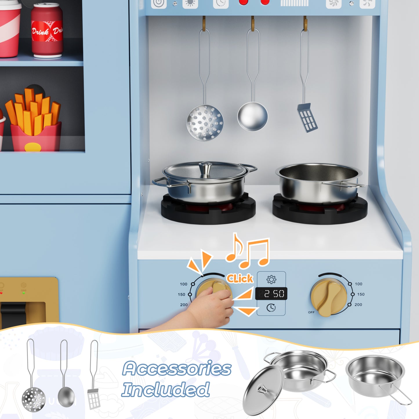 Pirecart Toddler Pretend Paly Kitchen, Wooden Kitchen Play Set with Real Sound and Light, 6-Piece Kitchenware, Sink & Stove, Water Dispenser & Hood, Kids Play Kitchen for Age 3+