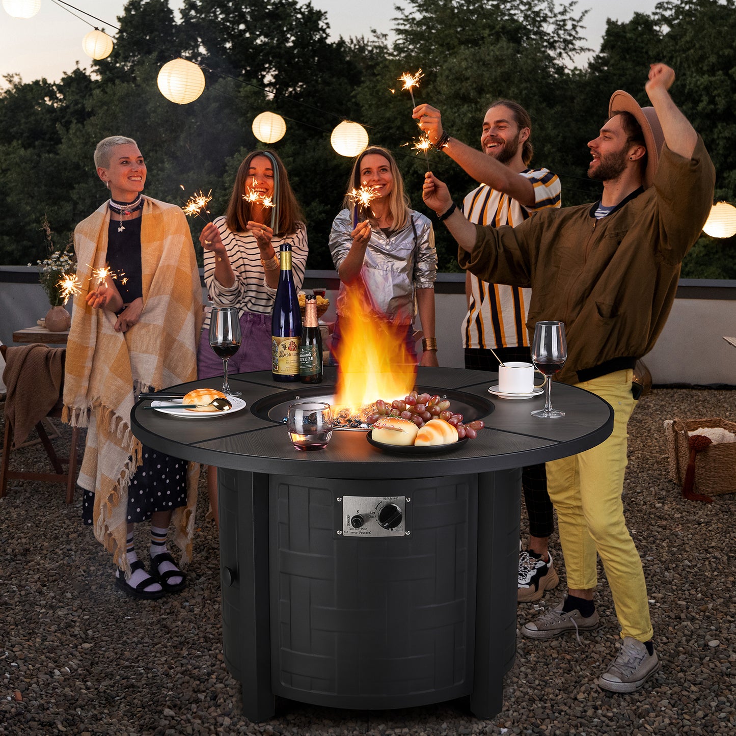 pirecart 42inch Gas Propane Fire Pit Table 50,000 BTU Round Gas Fire Table with Lid