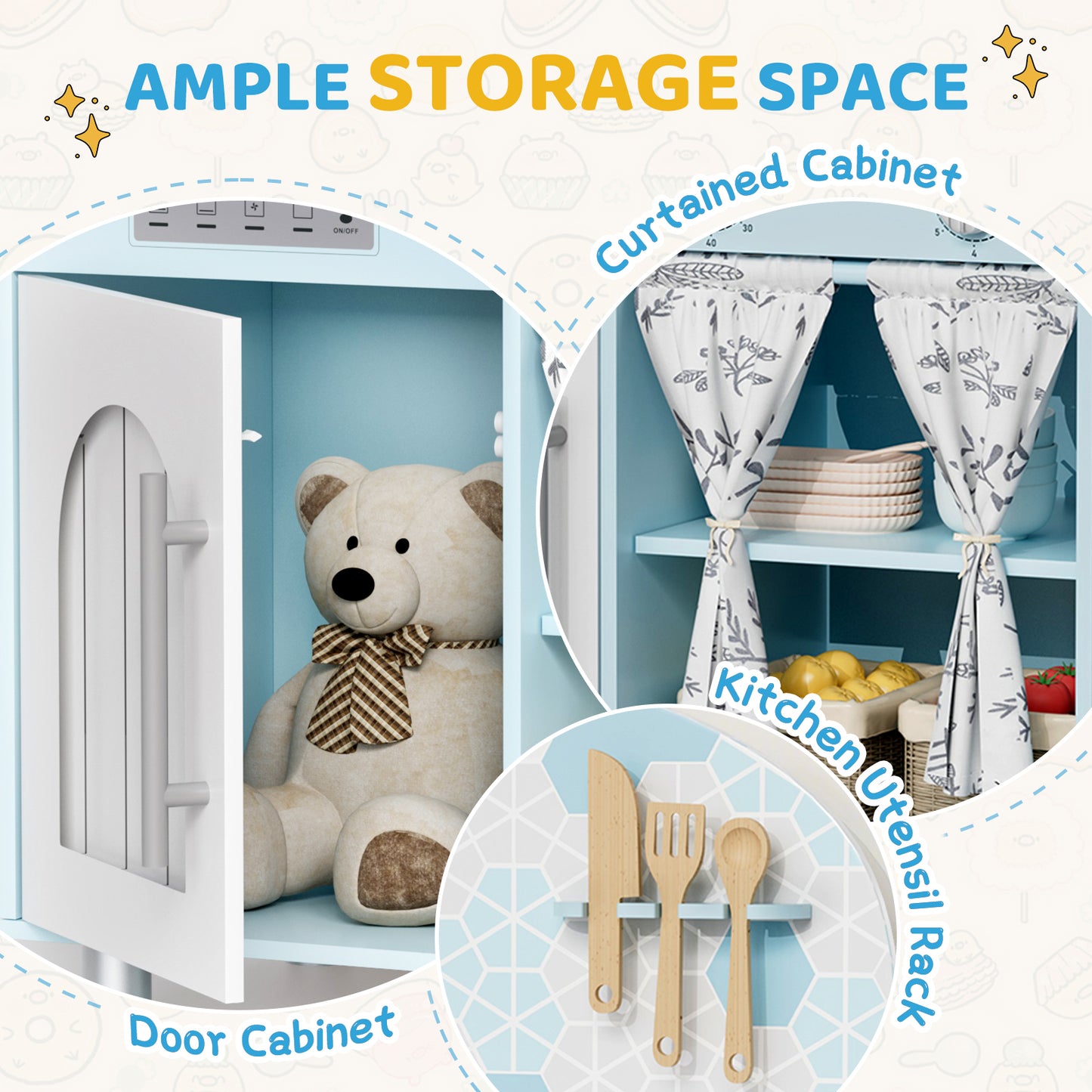 Pirecart Kids Play Kitchen, Toddler Wooden Kitchen Playset with Cooking Accessories and Clicking Knobs, Educational Chef Pretend Play Set for Ages 3+