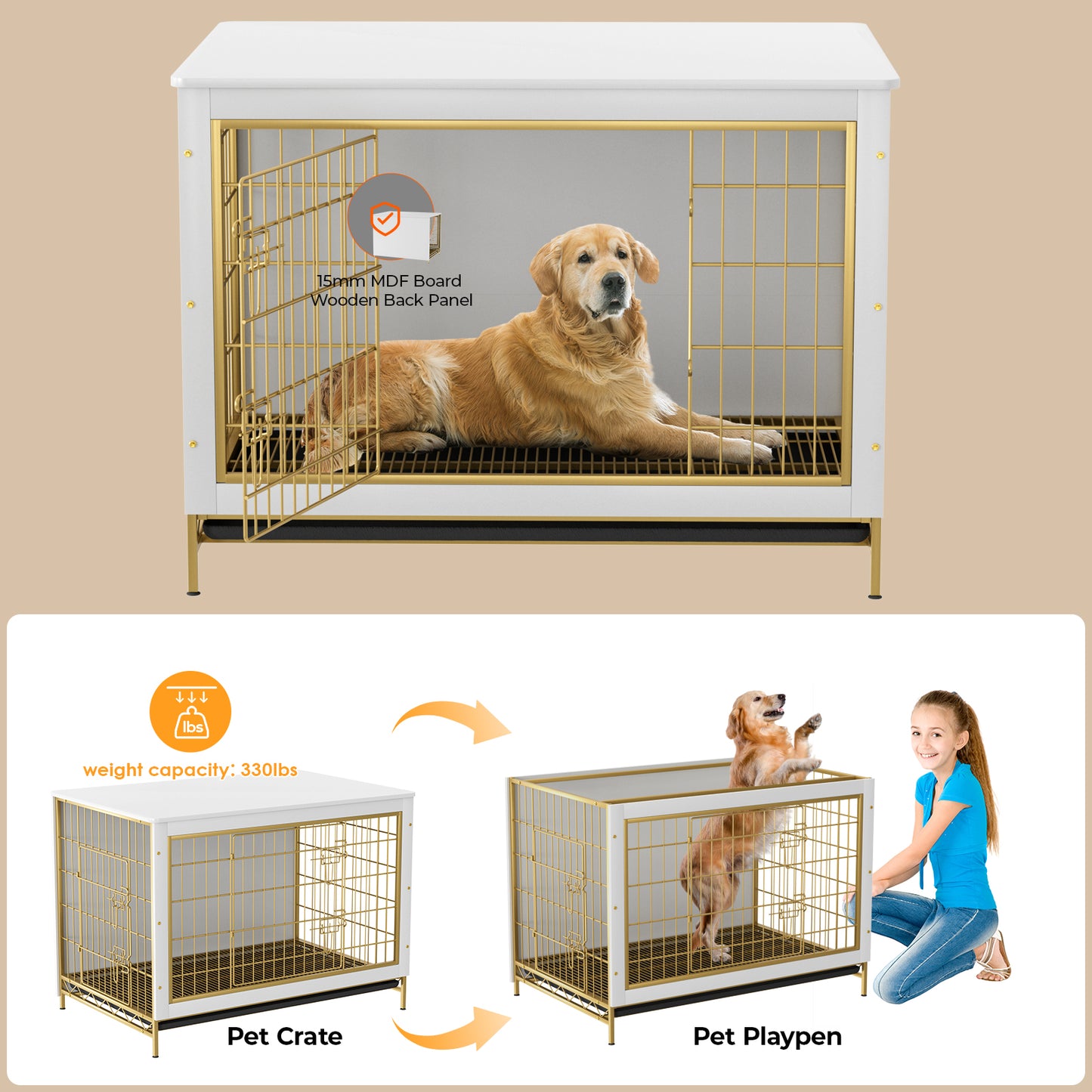 pirecart 44.1in Dog Crate Furniture Wooden Side End Table, Modern Dog Kennel with Double Doors