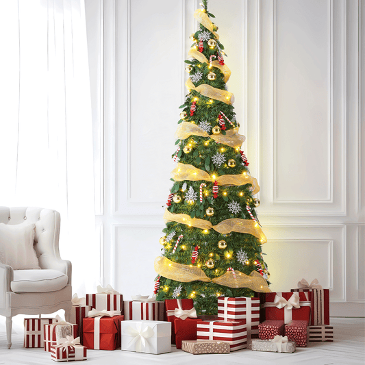 Pirecart 4/6/7 FT Collapsible Christmas Tree, Pop Up Christmas Tree with Light and Remote, Fully Decorated Pre-Lit with 11 Light Models Colored Light Balls,for Holiday Xmas Decor