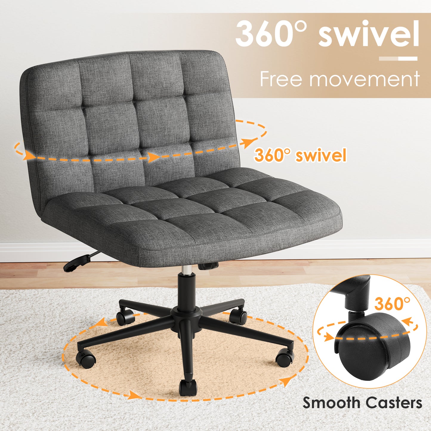 Pirecart Criss Cross Legged Chair, Comfy Swivel Armless Chair with Wheels and Wide Cushion, Height Adjustable Vanity Chair for Bedroom, Office, Desk, Linen