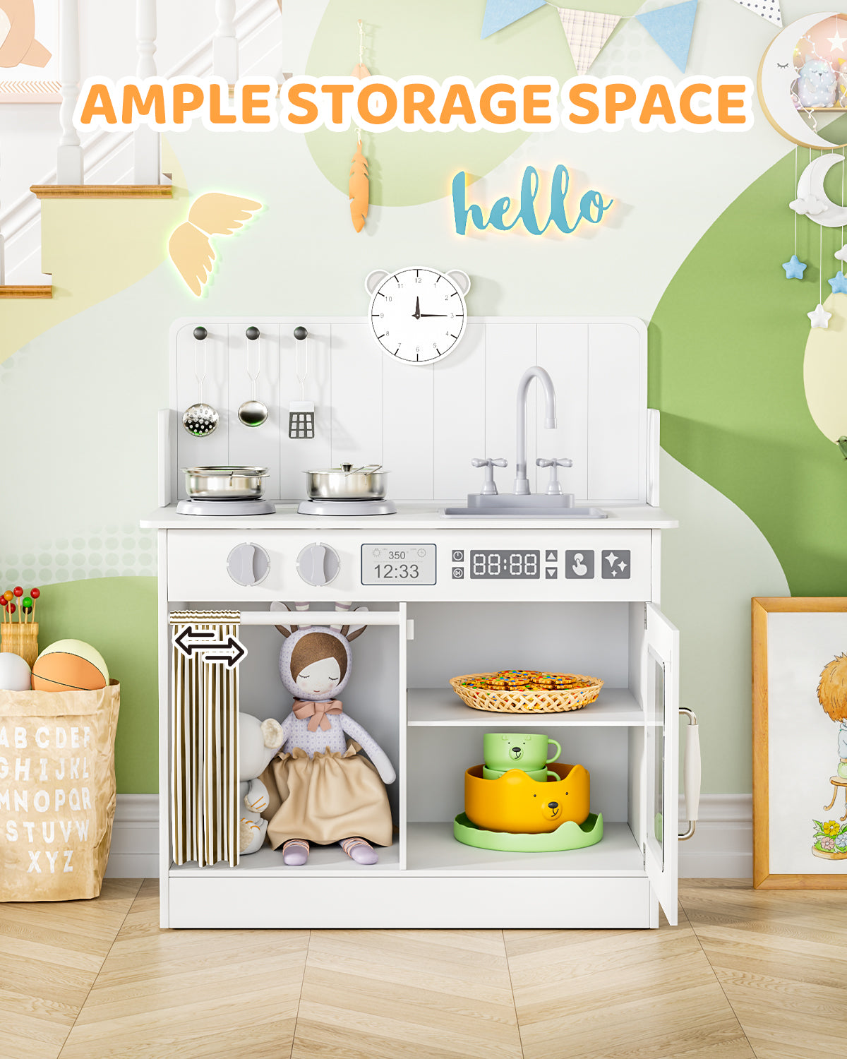 Pirecart Kids Play Kitchen with Ample Storage and Cooking Accessories, Toddler Kitchen Playset with Simulated Gas Tray, Clicking Knobs, Sink, Faucet