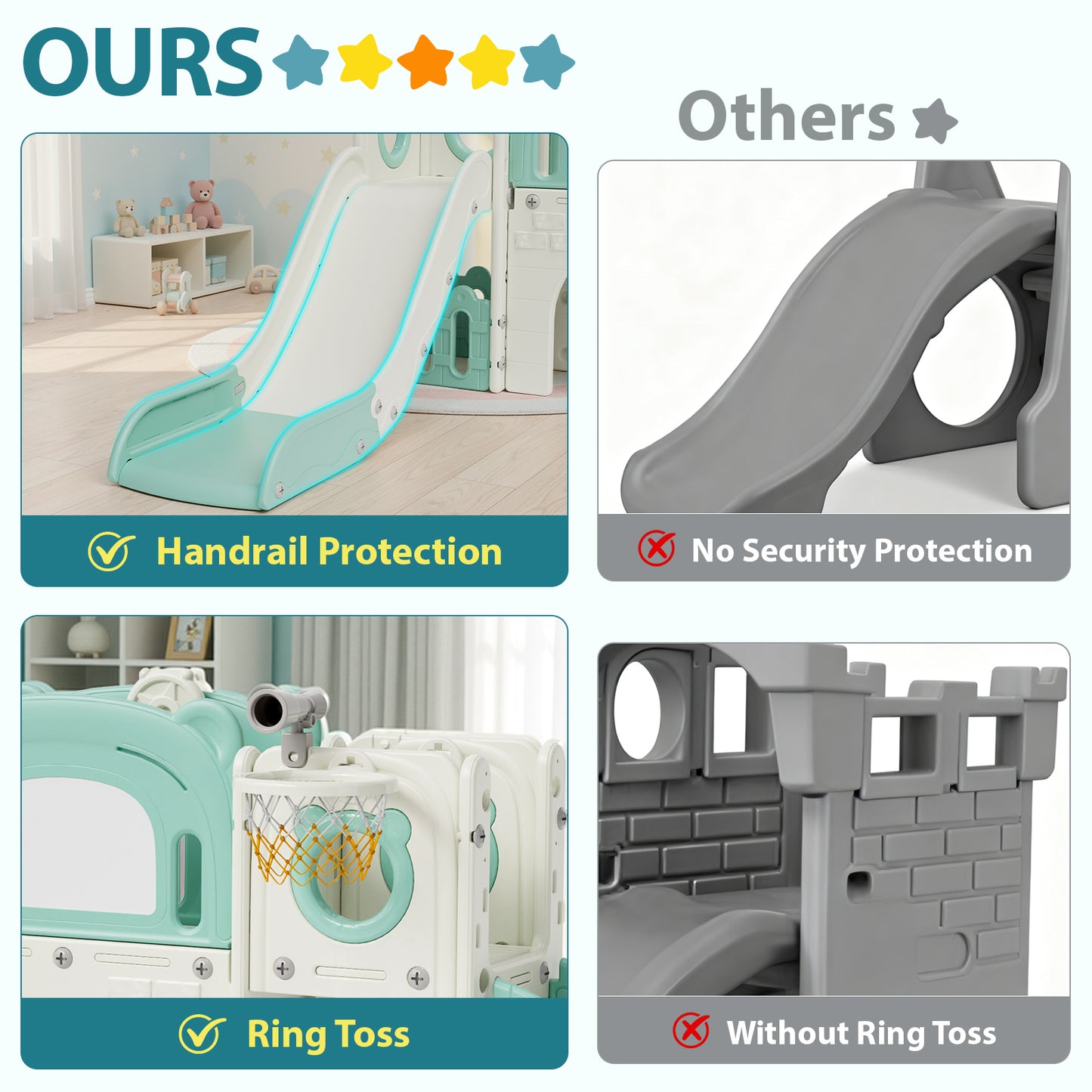 Pirecart 10-in-1 Kids Slide, Indoor Outdoor Toddler Slide Playground with Drawing Board, Basketball Hoop, Tunnel & Storage for Playroom, Kindergarten, Backyard, Gift for Children Age 3+