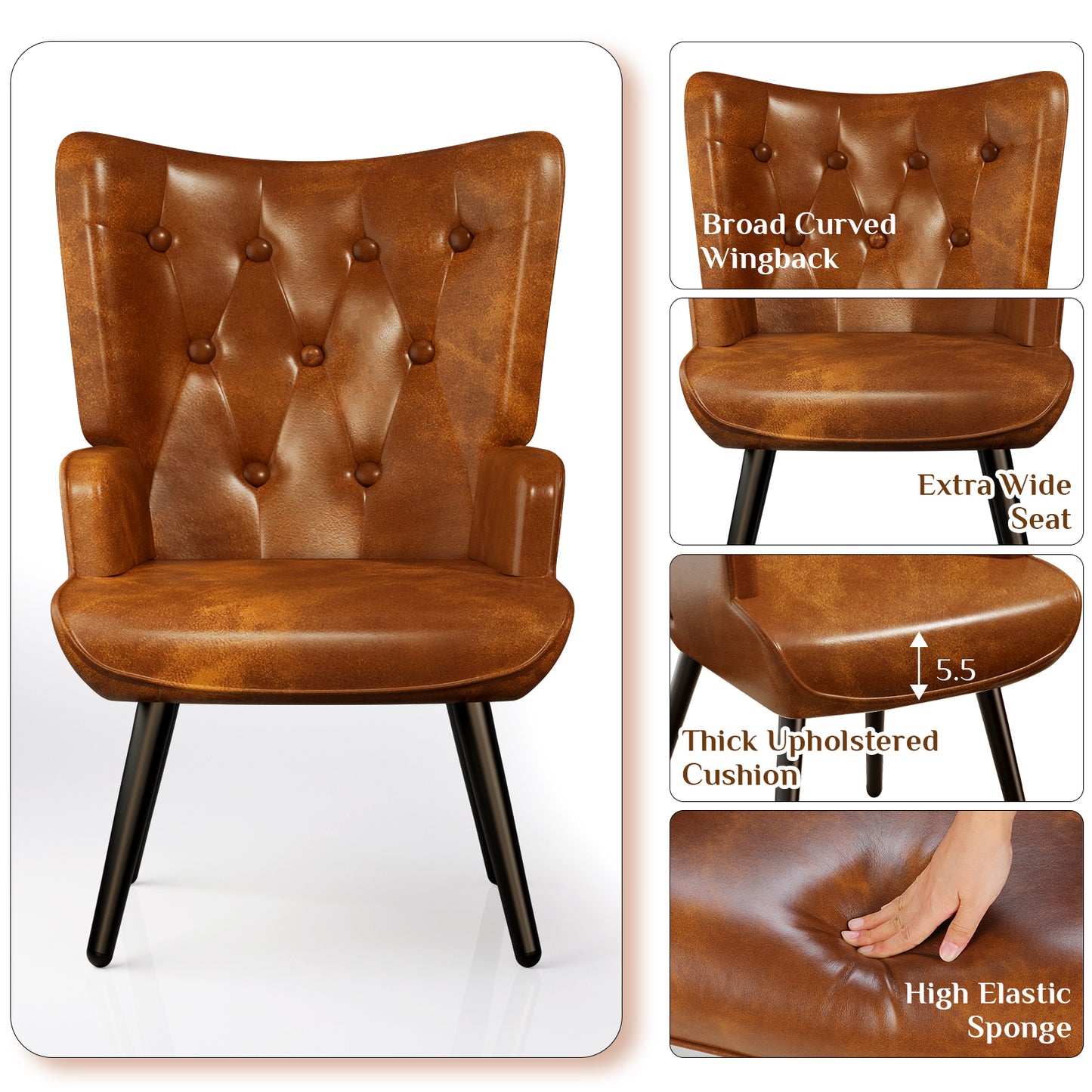 Pirecart Leather Accent Chair, Comfy Upholstered Armchair with Metal Legs, High Backrest Living Room Chair Mid Century Modern for Living Room, Vanity, Bedroom, Brown