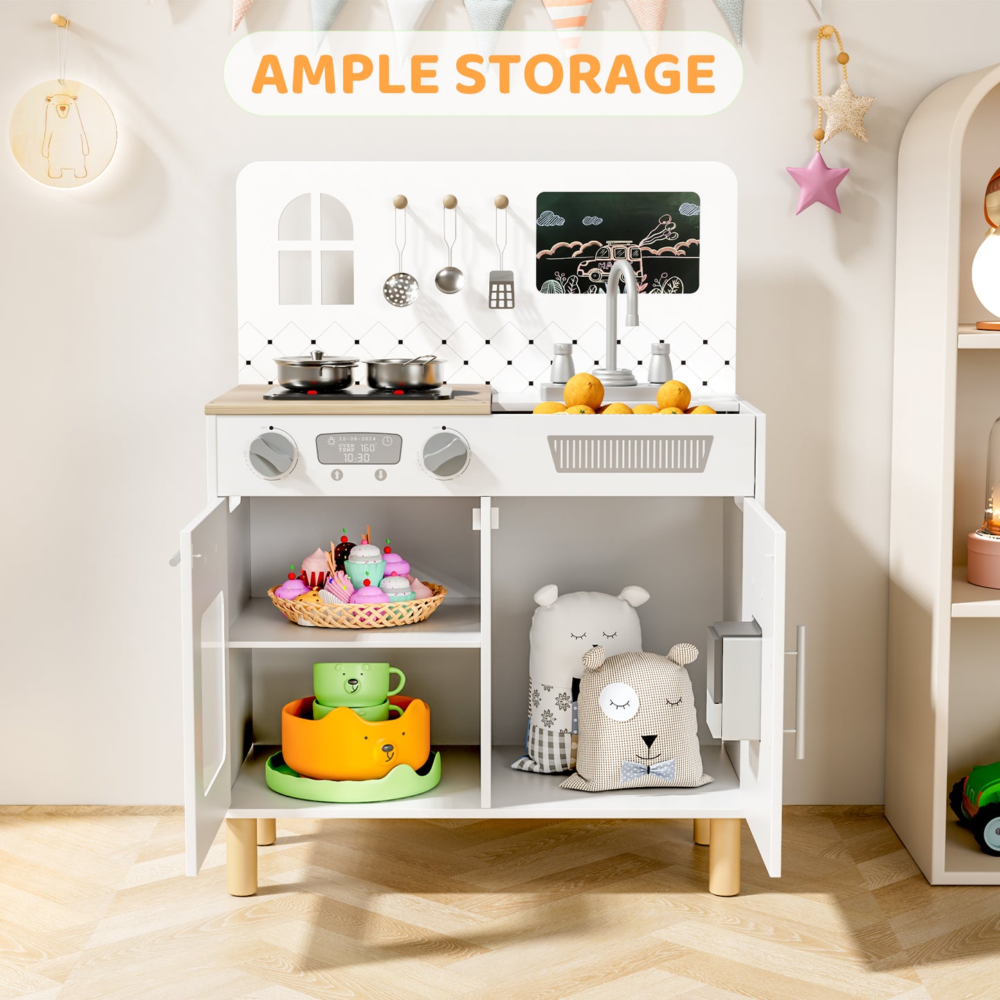 Pirecart Kids Play Kitchen Set, Wooden Kitchen Playset with Real Lights & Sounds, Toddler Pretend Play Kitchen Set with Knob Sounds, Sink, Water Dispenser, 6 Pcs Cookware & Chalkboard Panel