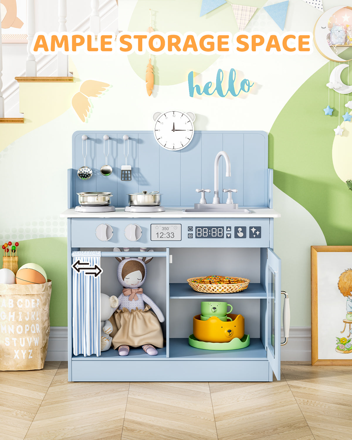 Pirecart Kids Play Kitchen with Ample Storage and Cooking Accessories, Toddler Kitchen Playset with Simulated Gas Tray, Clicking Knobs, Sink, Faucet