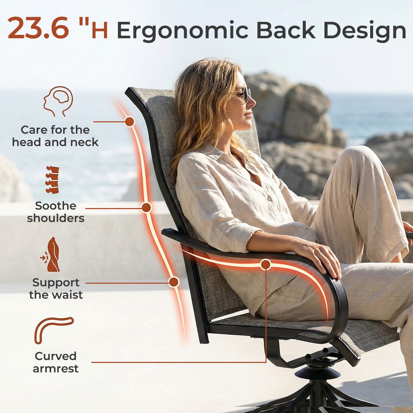 Pirecart Padded Patio Swivel Chairs Set of 2, Outdoor 360° Dining Chairs W/ Metal Rocking Frame & Armrest, High Back Textilene Patio Dining Chairs