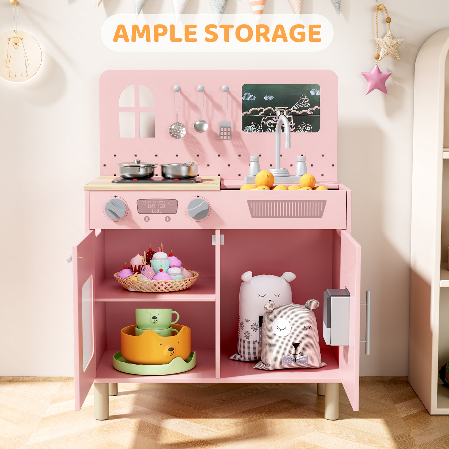 Pirecart Kids Play Kitchen Set, Wooden Kitchen Playset with Real Lights & Sounds, Toddler Pretend Play Kitchen Set with Knob Sounds, Sink, Water Dispenser, 6 Pcs Cookware & Chalkboard Panel